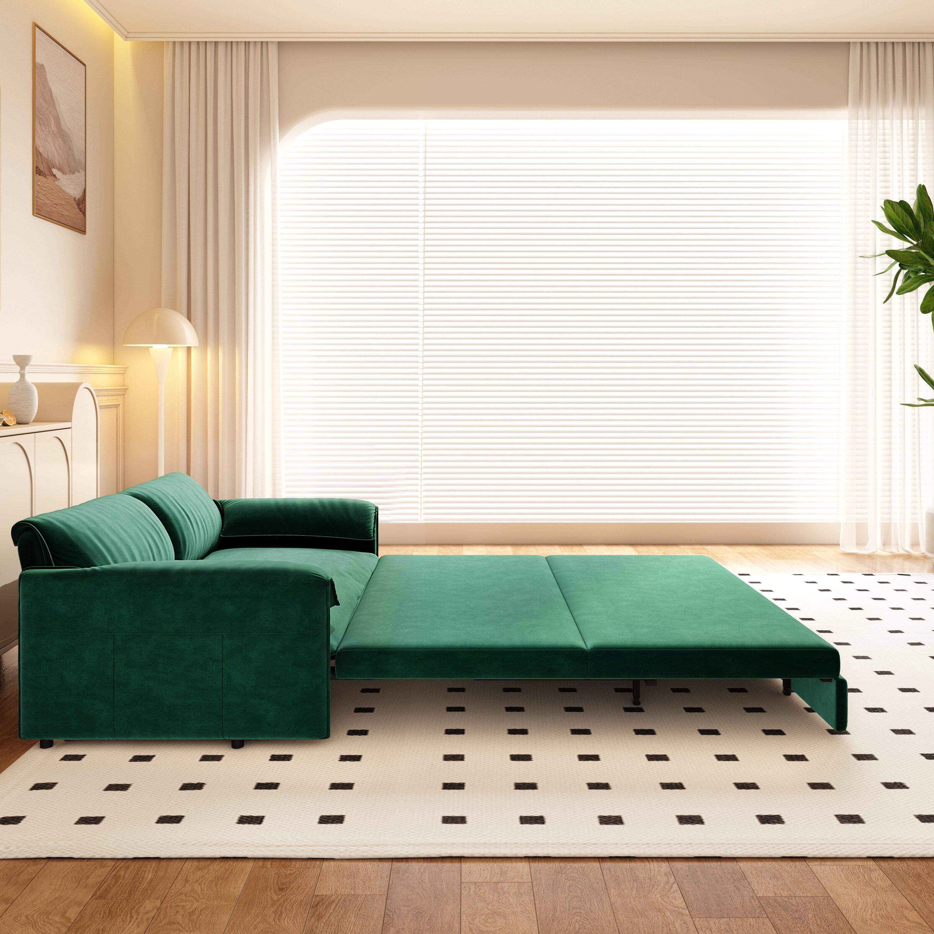 Alt View 2. Tiramisubest - Queen Pull Out Sofa Bed,3-in-1 Convertible Sleeper Sofa with Side Storage,Velvet Loveseat for Living Room,Office,Green - Green.