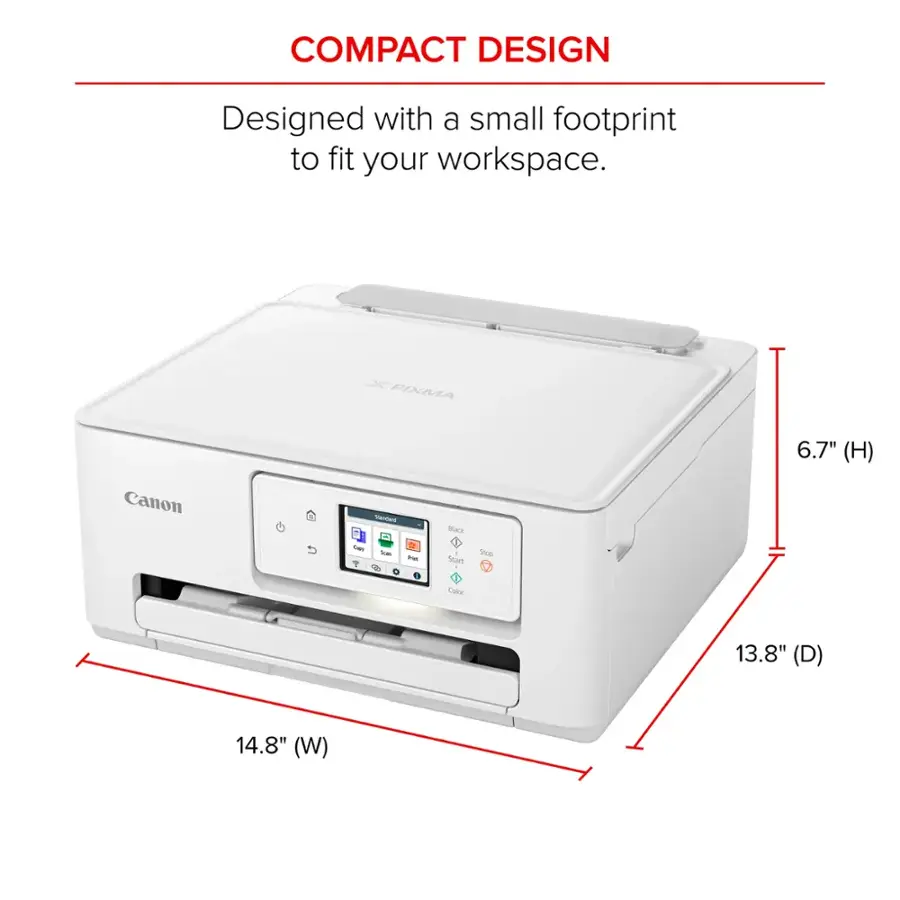 The text on the image reads: "COMPACT DESIGN Designed with a small footprint to fit your workspace. PIXMA 6.7" (H) Canon Vniers -a - - ta 9 Bark Start 1op Calor 13.8" (D) 14.8" (W)".