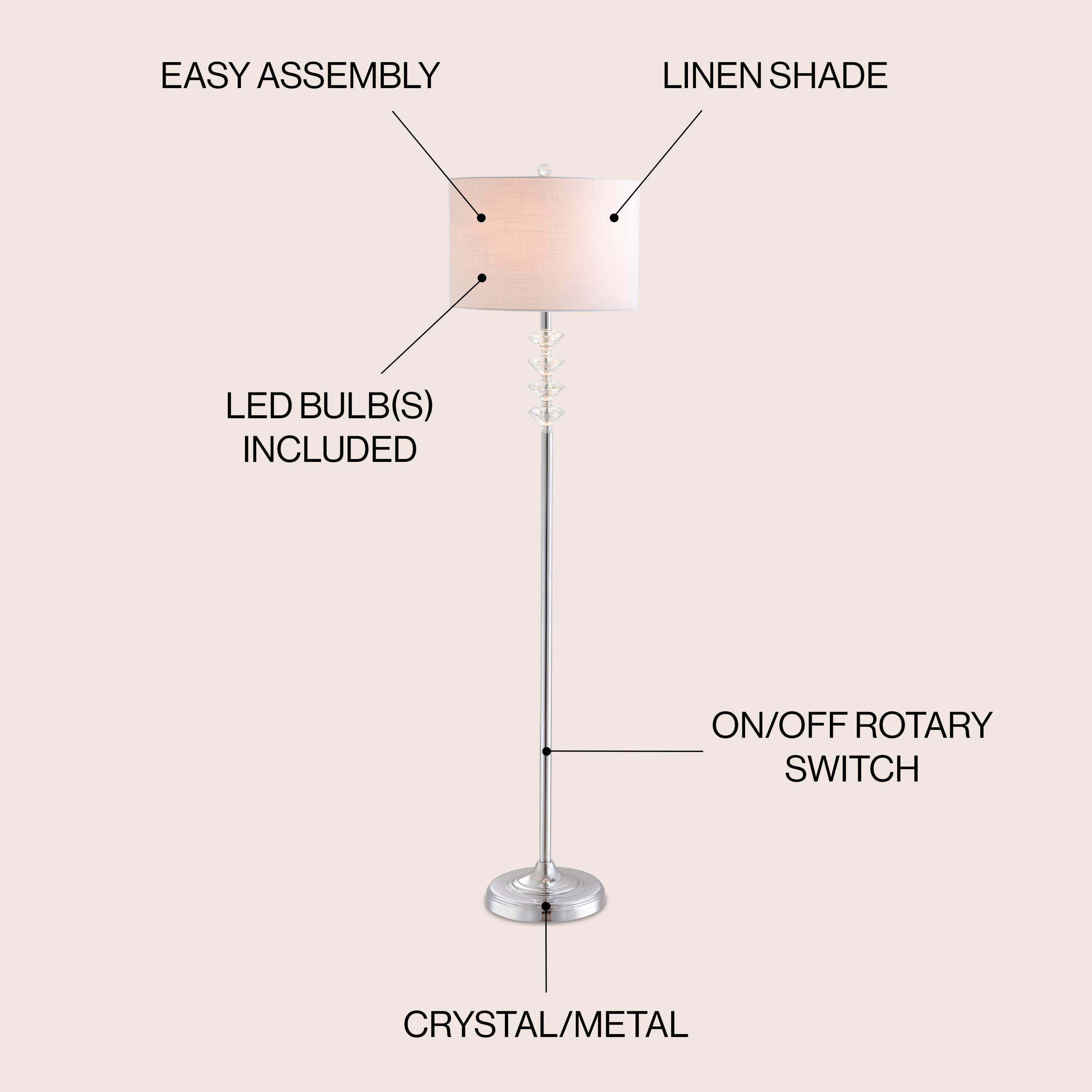 EASY ASSEMBLY  
LINEN SHADE  
LED BULB(S) INCLUDED  
ON/OFF ROTARY SWITCH  
CRYSTAL/METAL