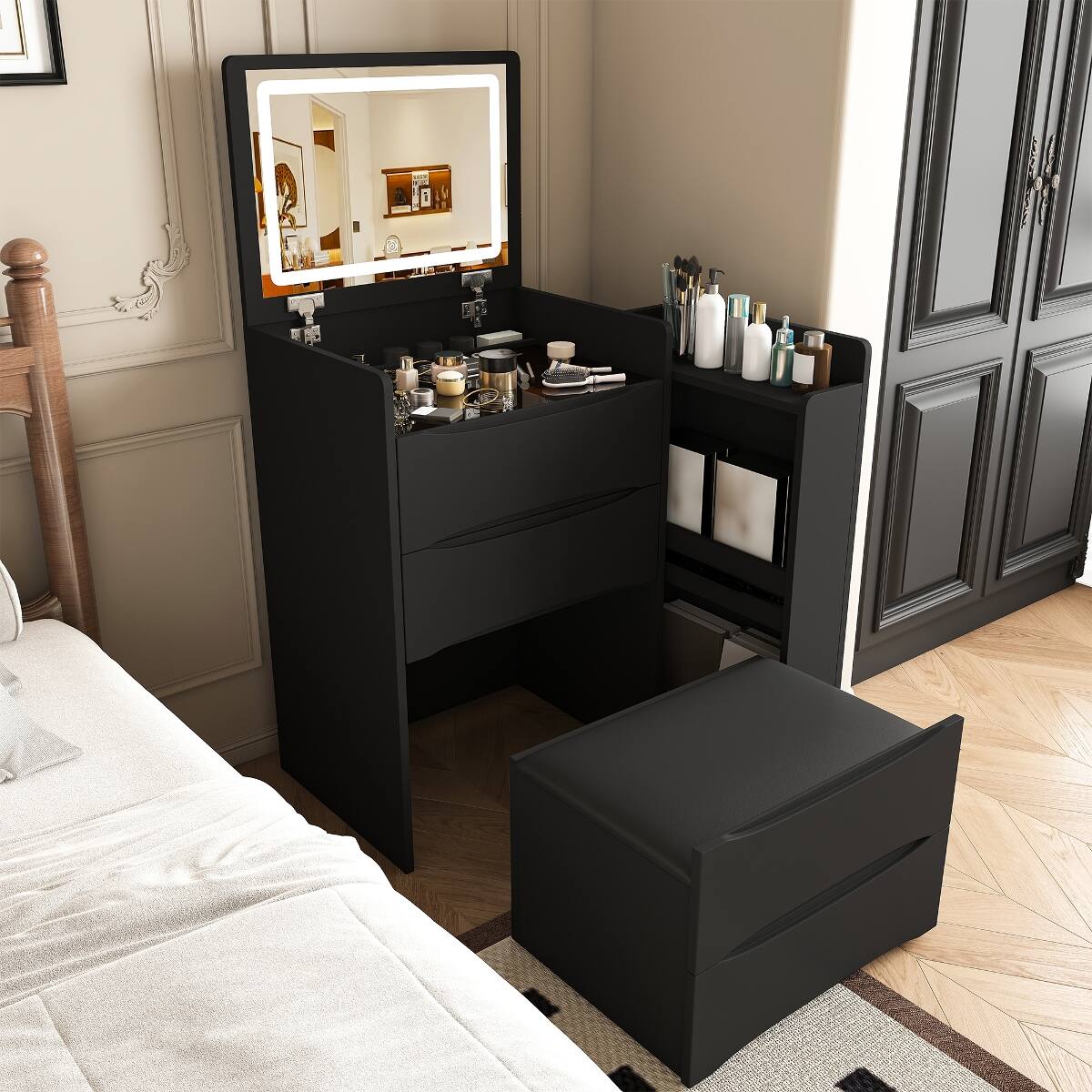 Angle. Loheer - Loheer Flip Mirror Vanity Desk with Adjustable LED Lights, Hidden Storage and Stool, Black - Black.