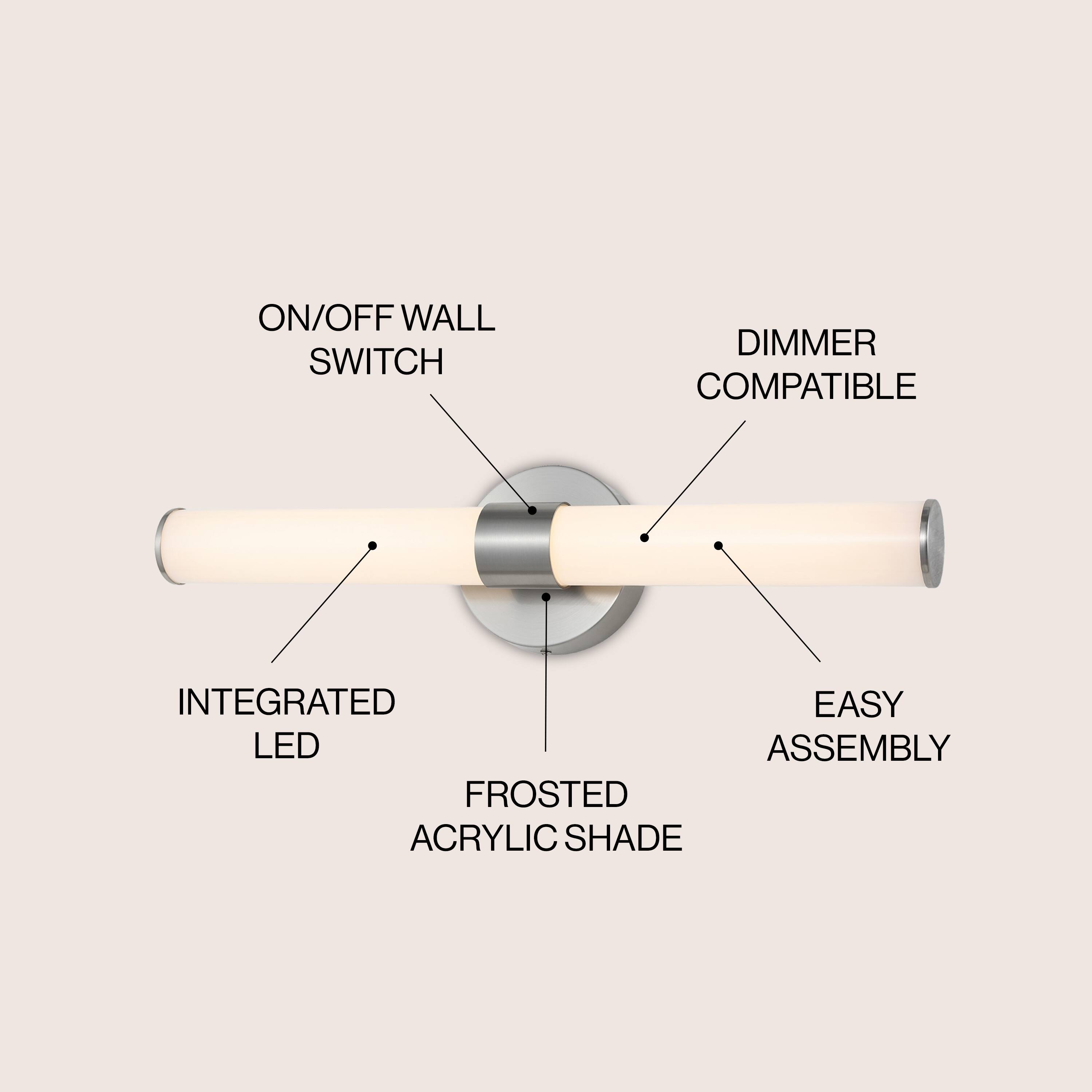 ON/OFF WALL SWITCH  
DIMMER COMPATIBLE  
INTEGRATED LED  
EASY ASSEMBLY  
FROSTED ACRYLIC SHADE