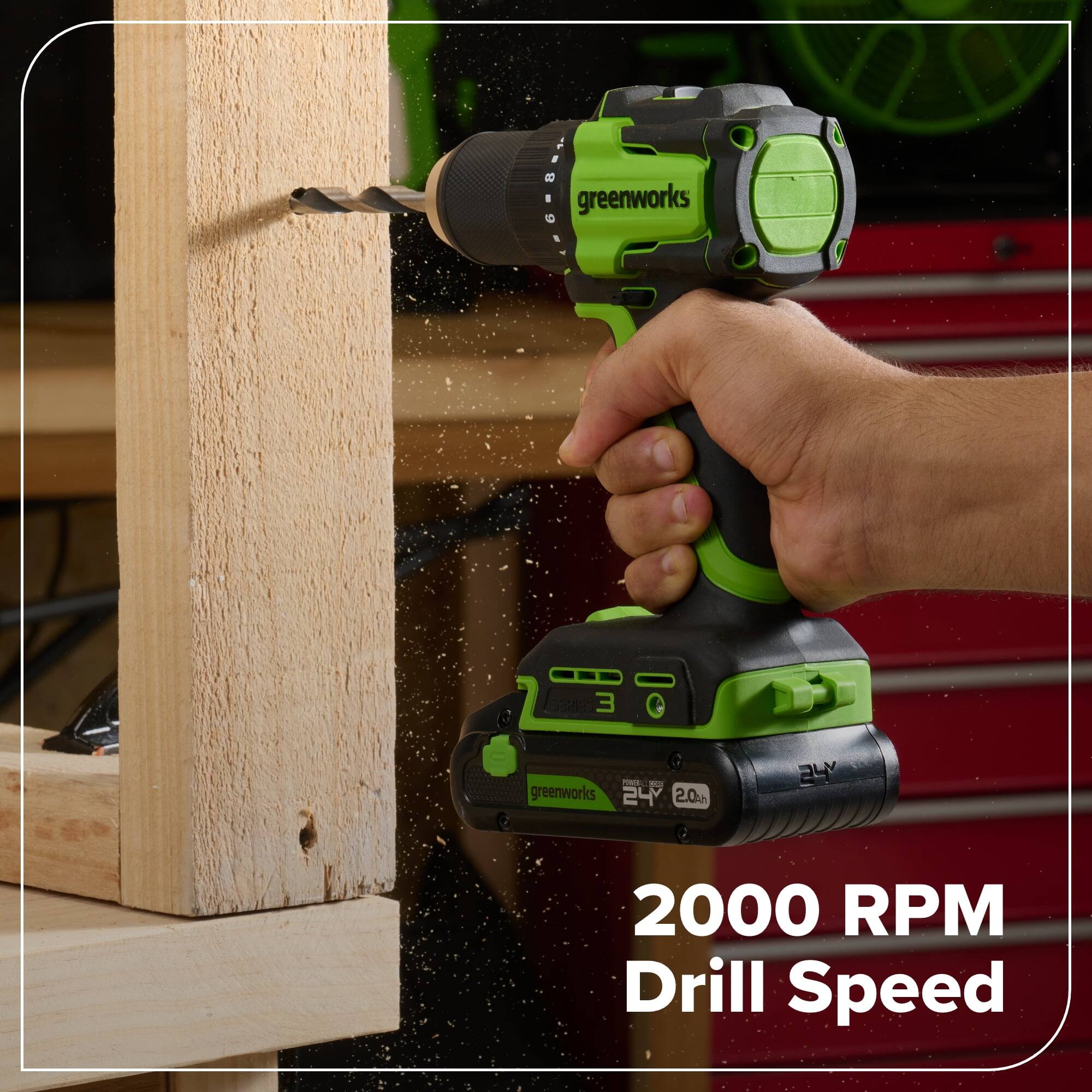 Greenworks 24V 2.0Ah  
2000 RPM Drill Speed