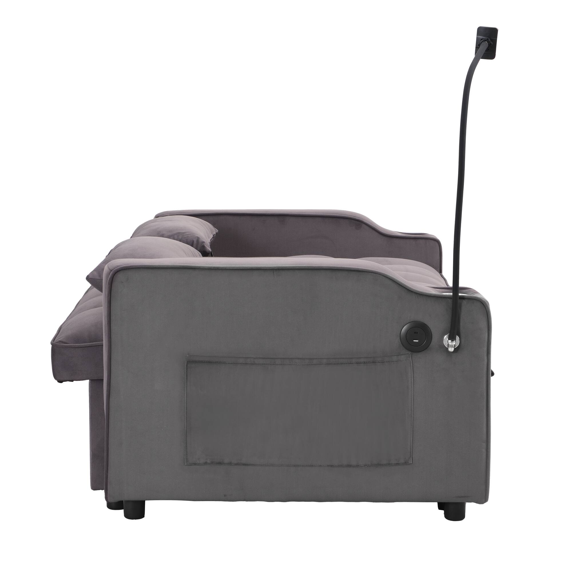 Alt View 4. GOODSILO - Convertible Velvet Sofa Bed with Adjustable Backrest, USB Ports, and Storage Pockets for Compact Living Spaces - Dark Grey.