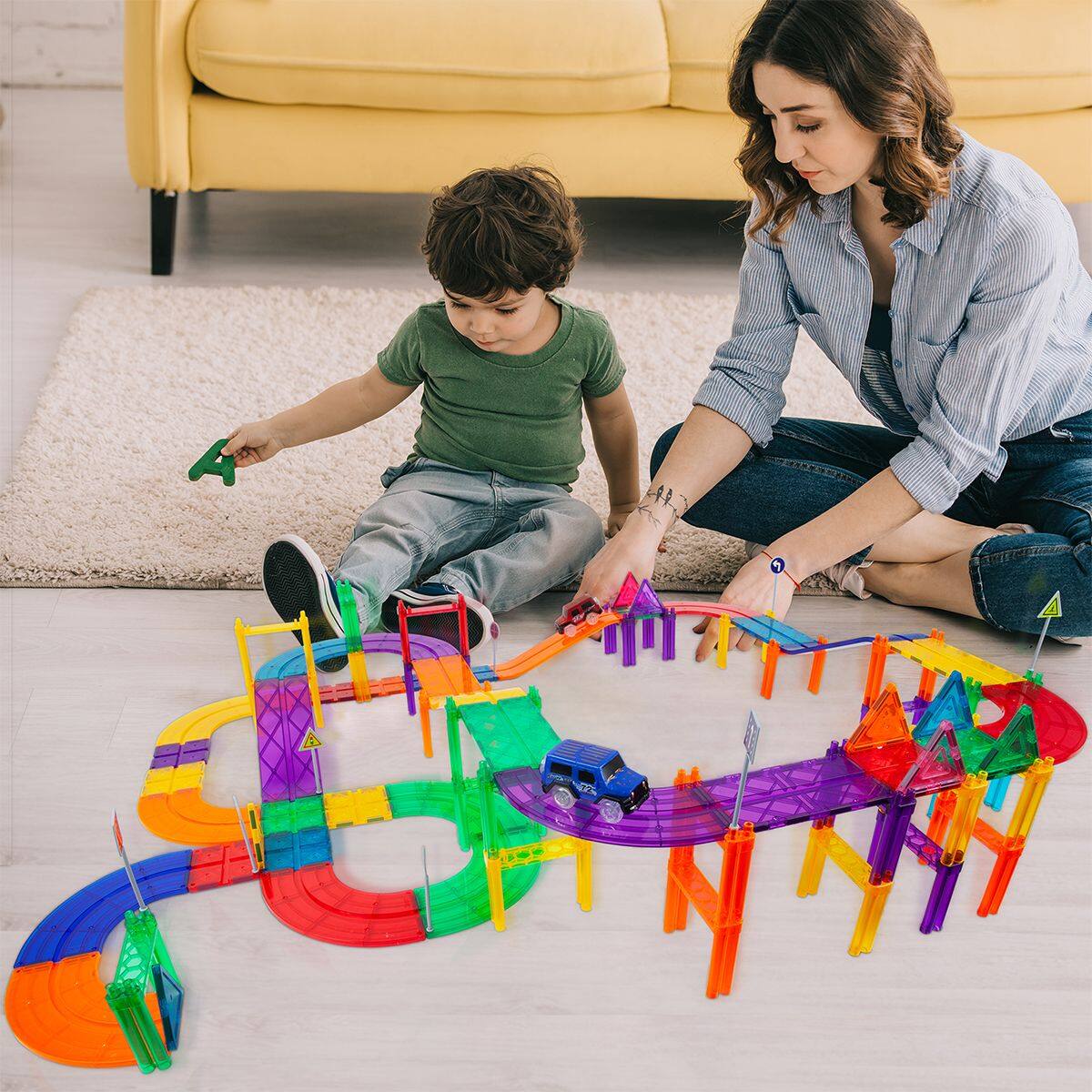 Alt View 2. PicassoTiles - PICASSO-TILES Race Track Magnetic Tiles for Kids, 81PCS with 2 Racing Cars, STEM Building Blocks Educational Toy.