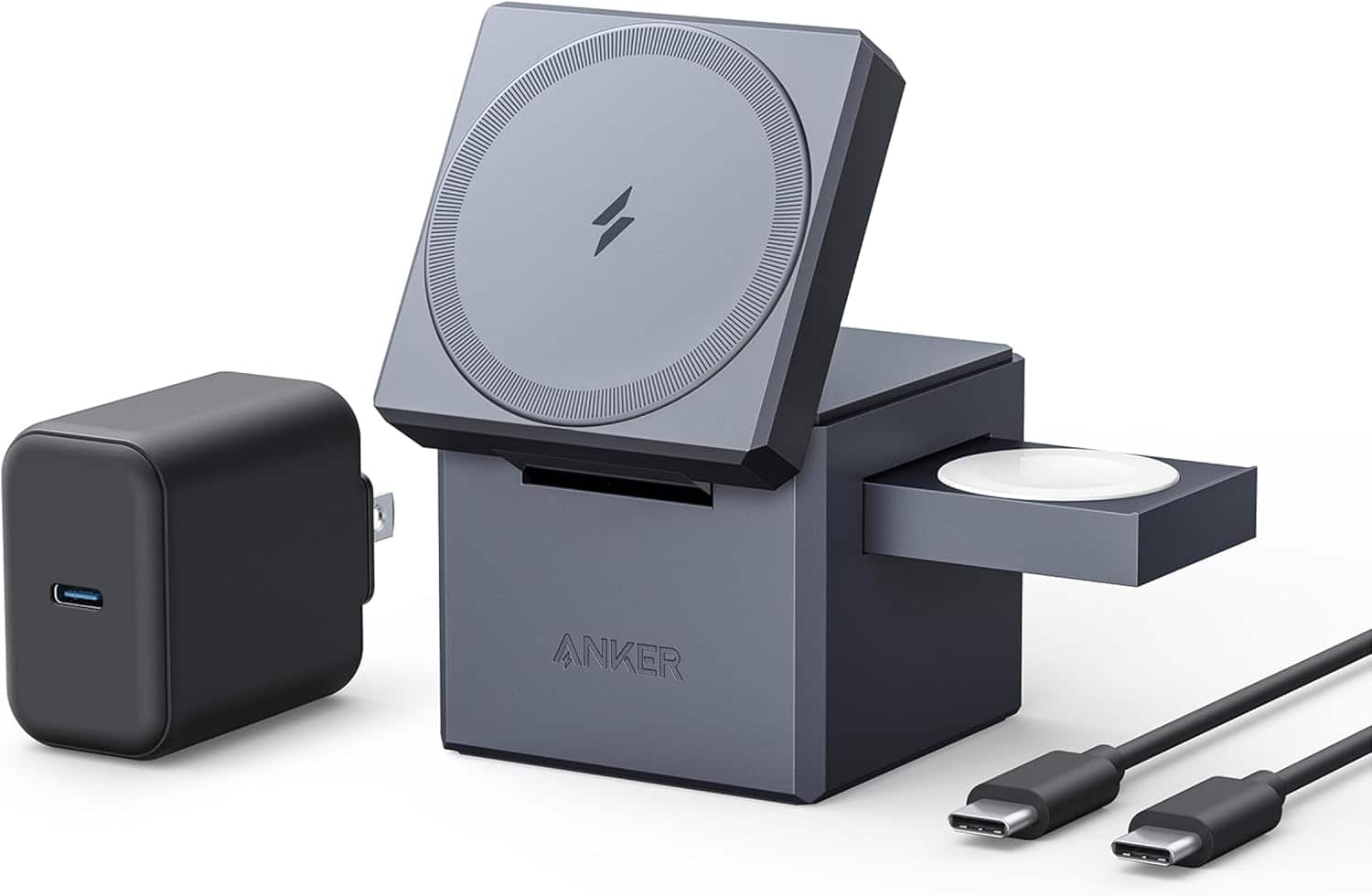 Front. Anker - MagSafe Charger Stand, iPhone 16 Wireless Charger, 3-in-1 Cube with MagSafe, 15W Foldable Fast Charging Stand - Gray.