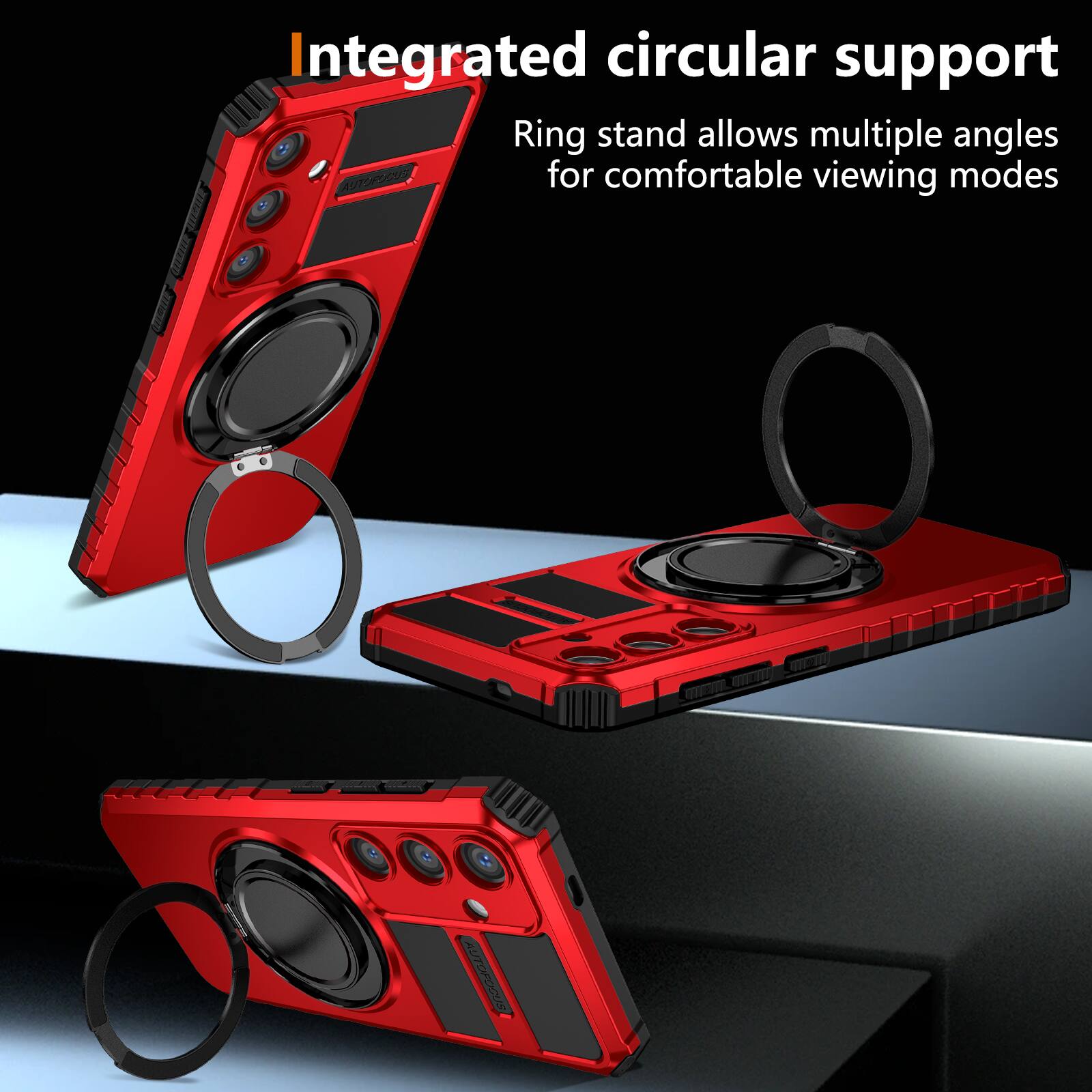 Integrated circular support  
Ring stand allows multiple angles for comfortable viewing modes
