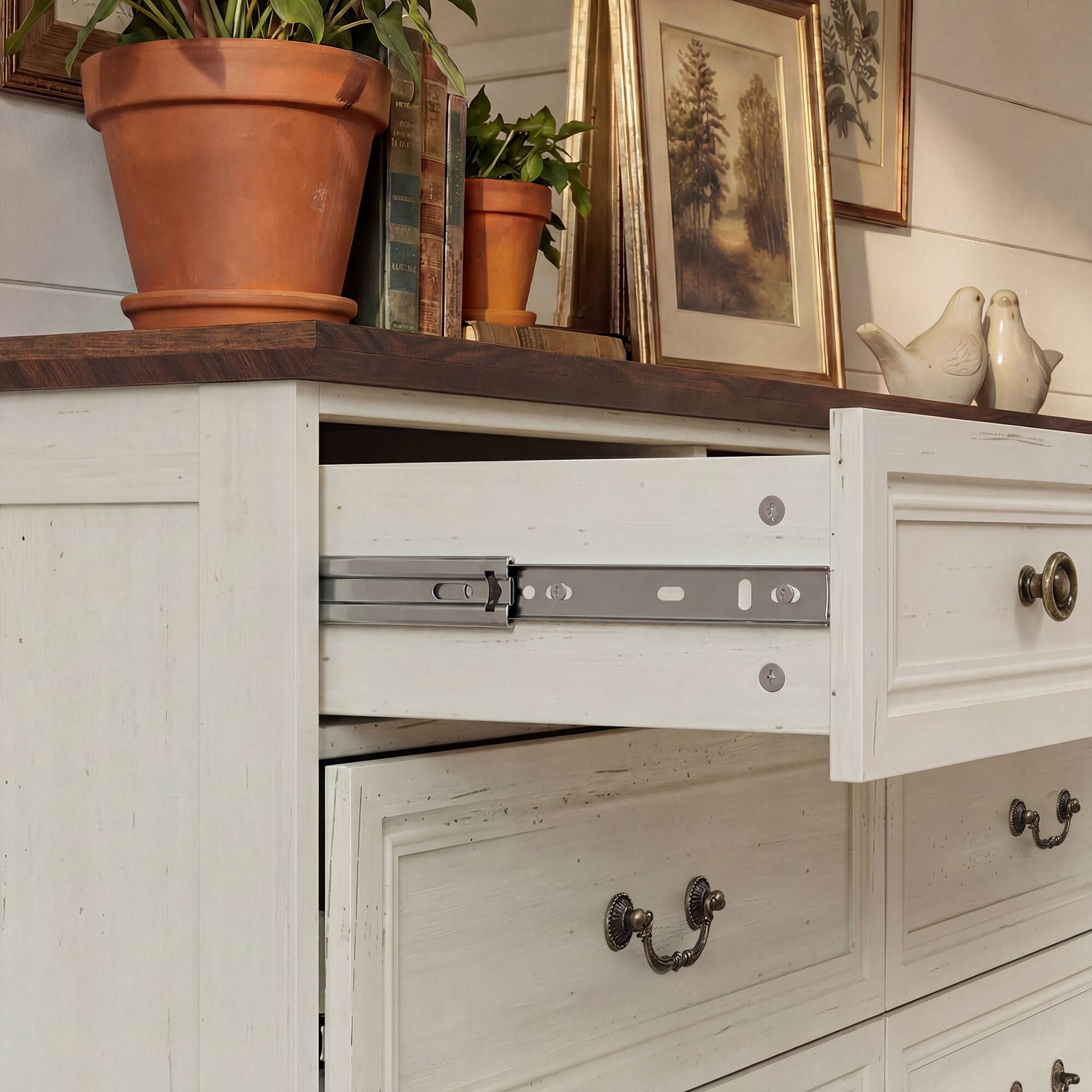 Back. FUFU & GAGA - Classic 9-Drawer Dresser Chest-Large Bedroom Storage Tower with 3 Small & 6 Large Drawers Clothes Organizer for Bedroom - Distressed white.