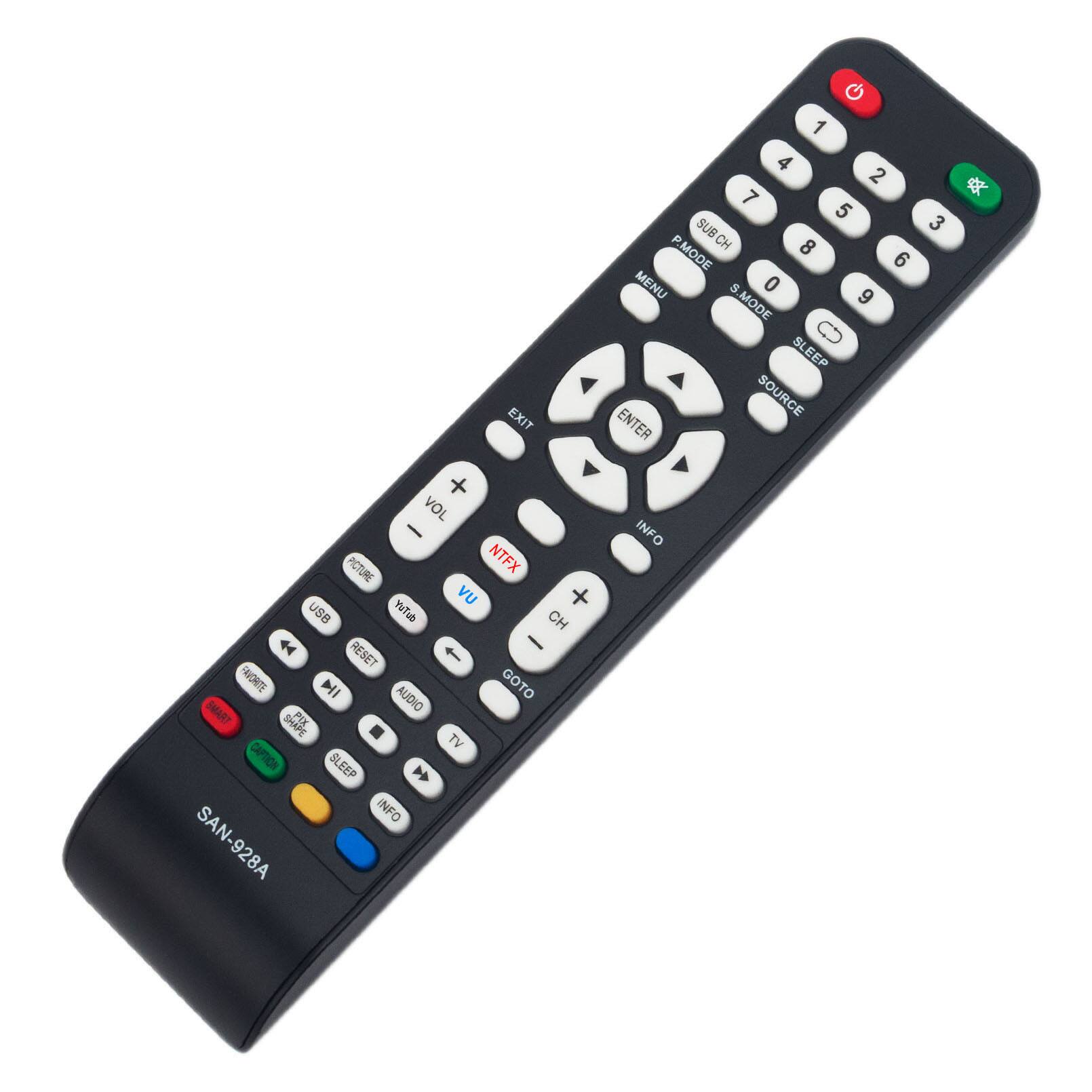 1 4 2 7 5 P SUB CH 8 P.MODE 6 MENU S 0 MODE 9 SLEEP SOURCE EXIT ENTER + VOL - INFO PICTURE NTFX VU + USB YouTube CH 44 - RESET FAVORITE NI GOTO SMART AUDIO SHAPE PIX TV CAPTION SLEEP INFO SAN-928A