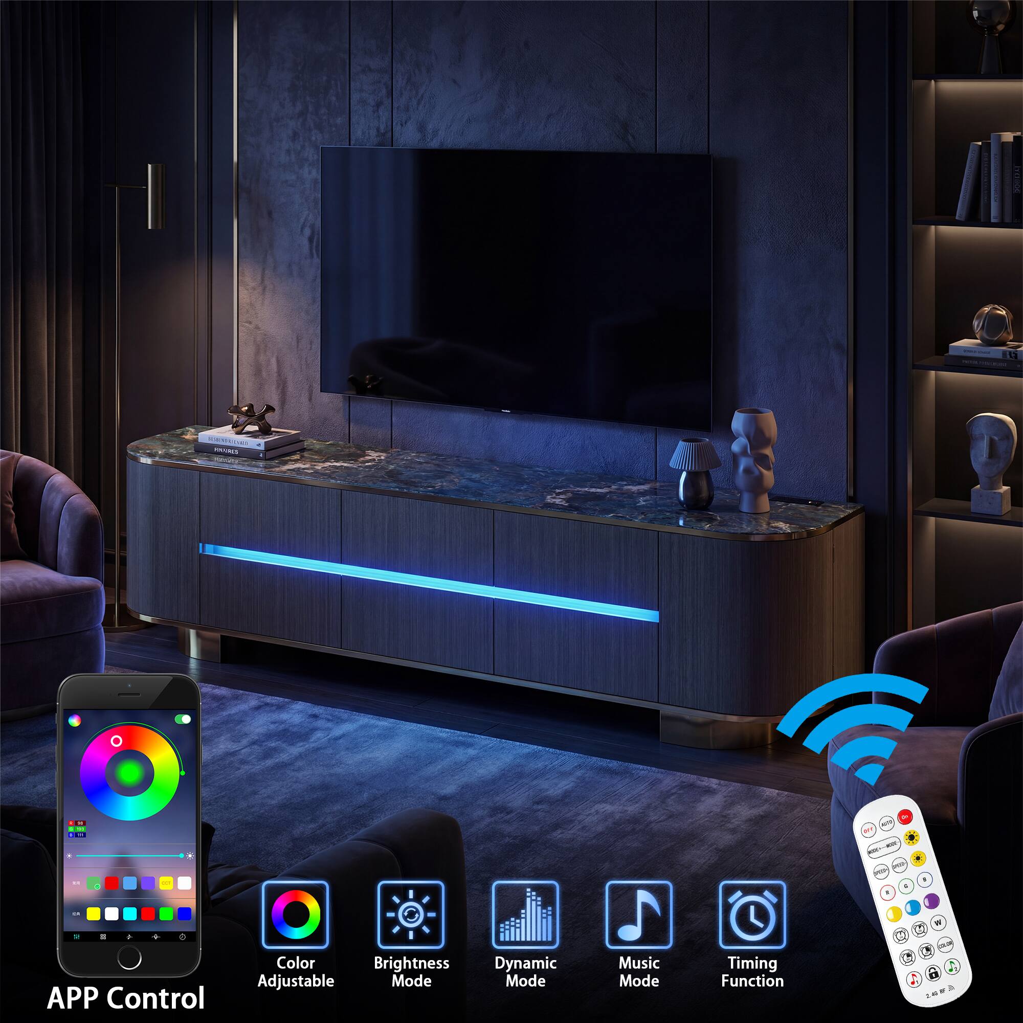 L CE - i - - . A . APP Control Color Brightness Adjustable Mode Dynamic Mode Music Mode Timing Function - i - - 2 . 4 - . - I 1 W b - - L A 1 - a -