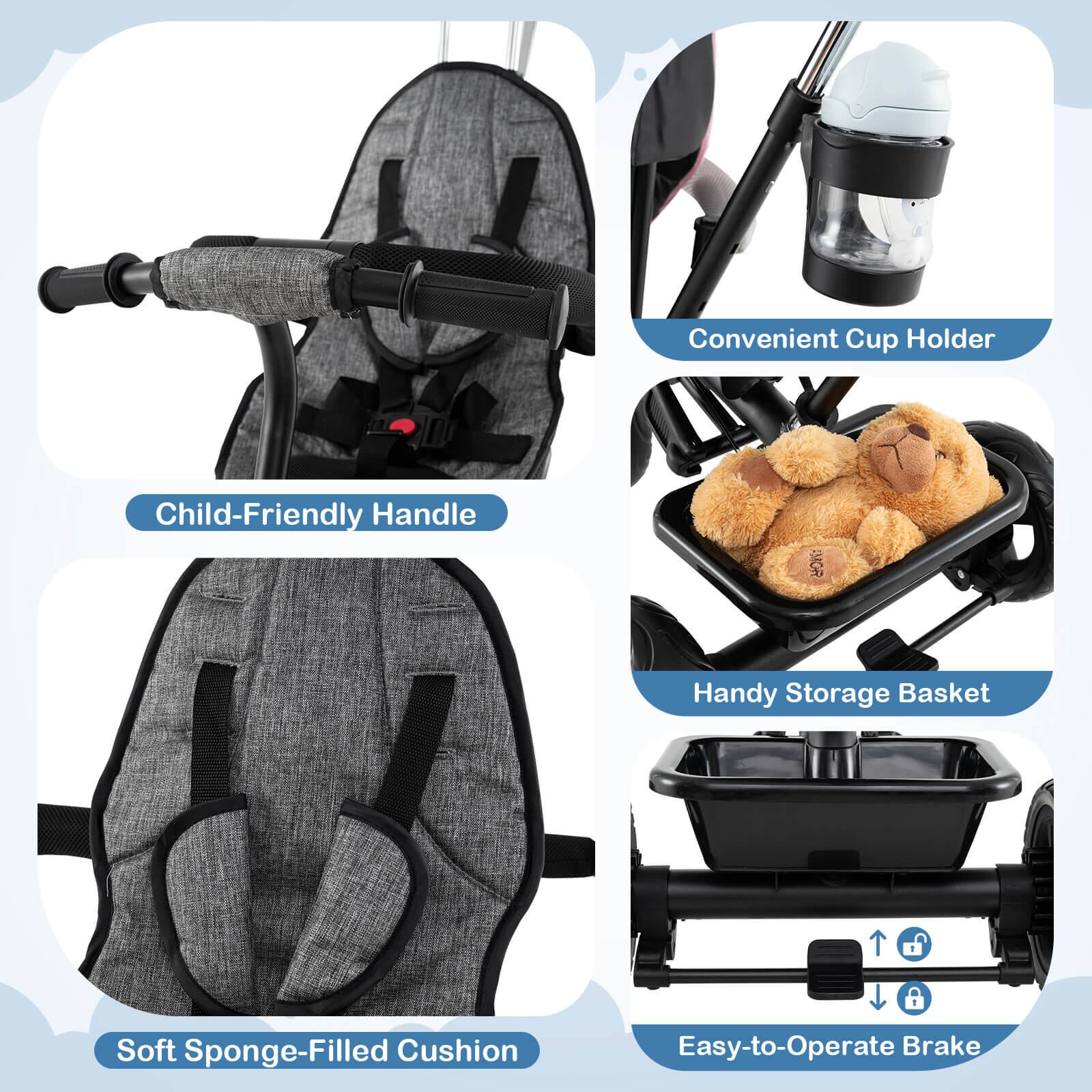 - Convenient Cup Holder
- Child-Friendly Handle
- Handy Storage Basket
- Soft Sponge-Filled Cushion
- Easy-to-Operate Brake