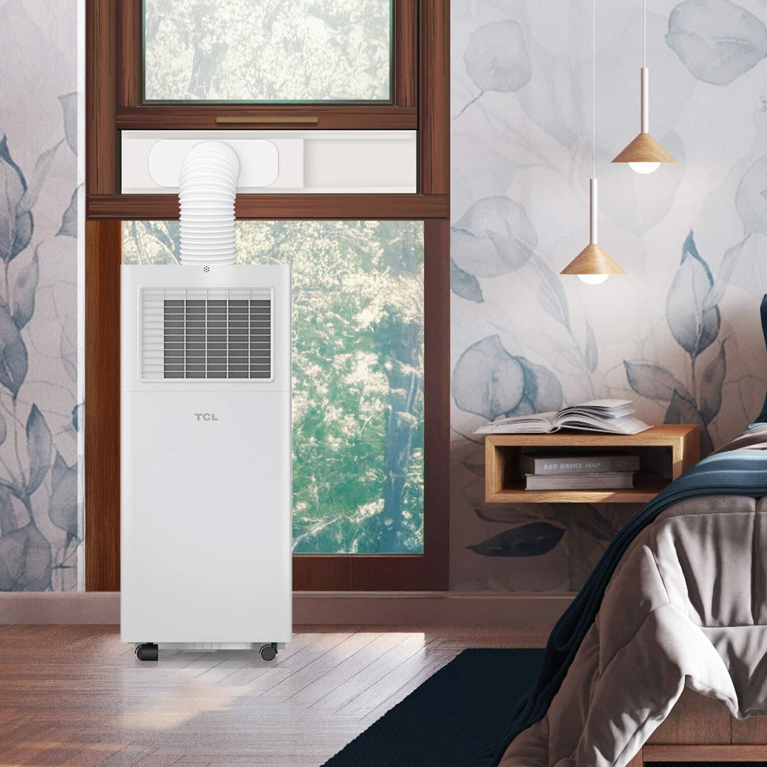 The image shows a bedroom scene with a bed, a window, and a TCL air conditioner. The air conditioner is placed near the window, and there is a book on the bed. The room also features a potted plant and a vase, adding to the cozy atmosphere.