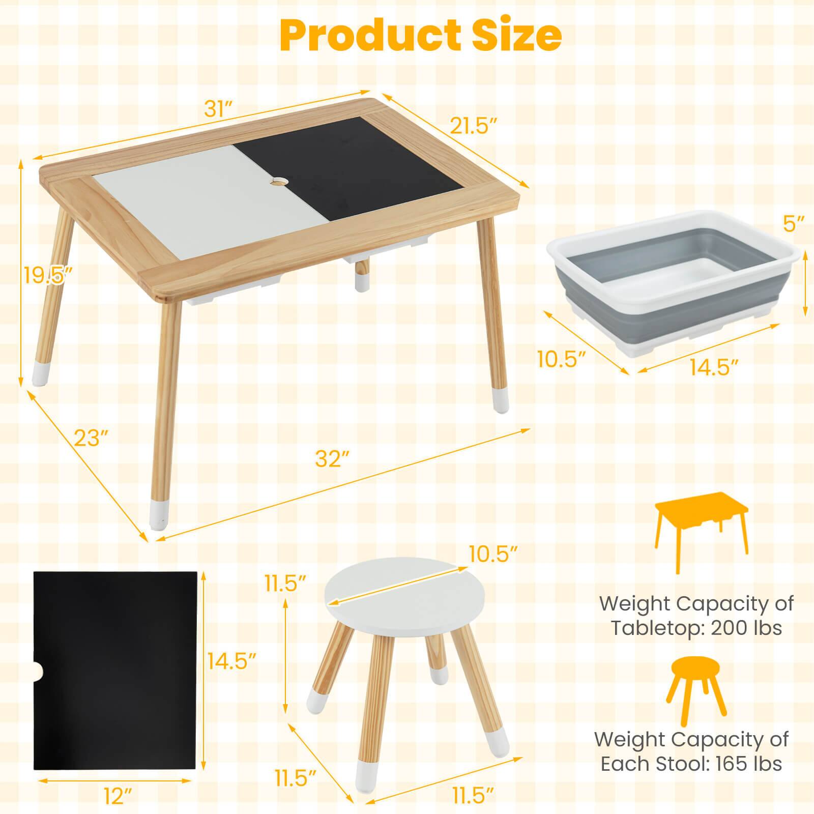 Product Size  
31" x 21.5" x 19.5" x 23" x 32"  
5" x 10.5" x 14.5" x 12" x 11.5" x 11.5"  

Weight Capacity of Tabletop: 200 lbs  
Weight Capacity of Each Stool: 165 lbs