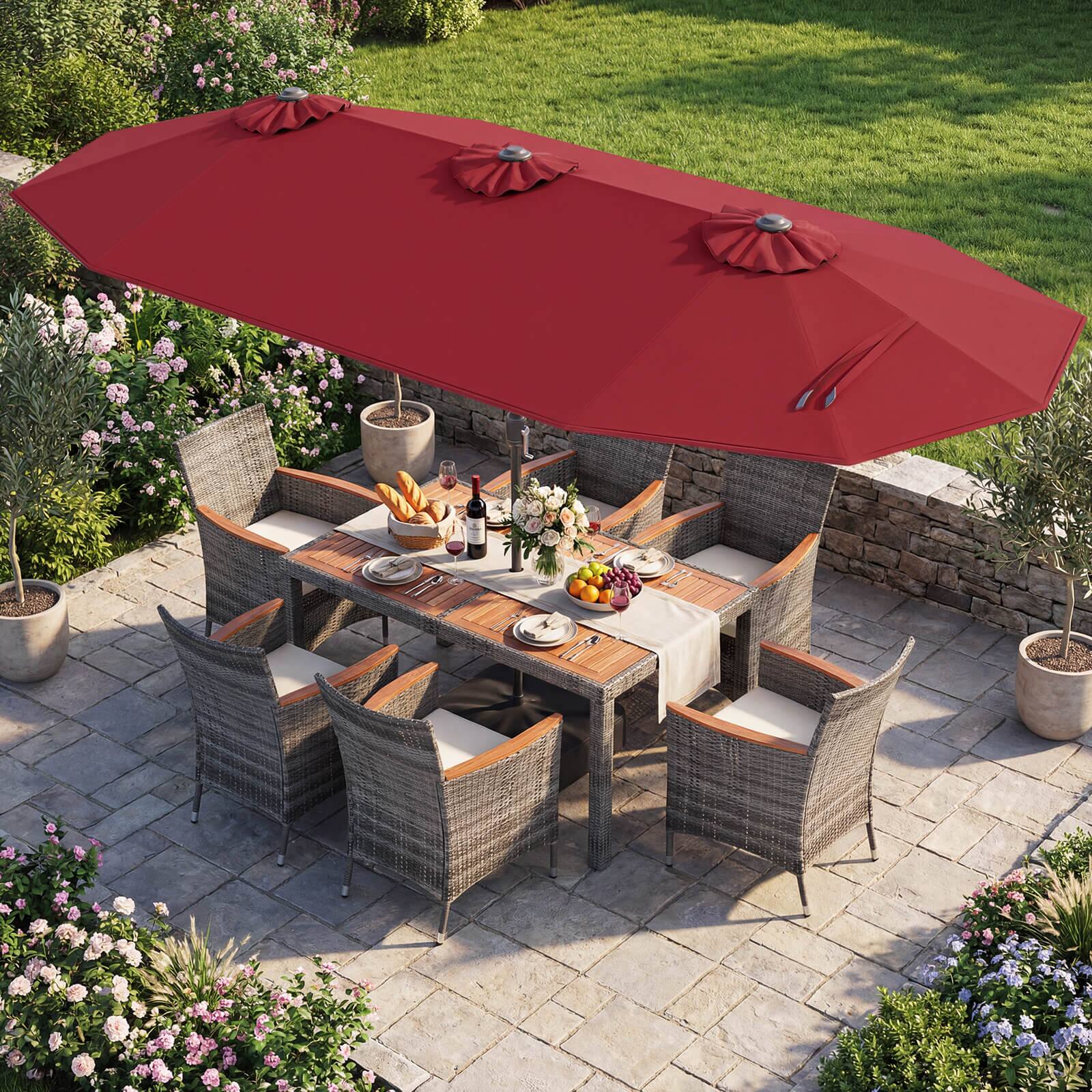Alt View 3. Costway - Costway 8 PCS Outdoor Wicker Dining Furniture & Double-Sided Umbrella with Solar LED Lights - Wine + Mix Gray.