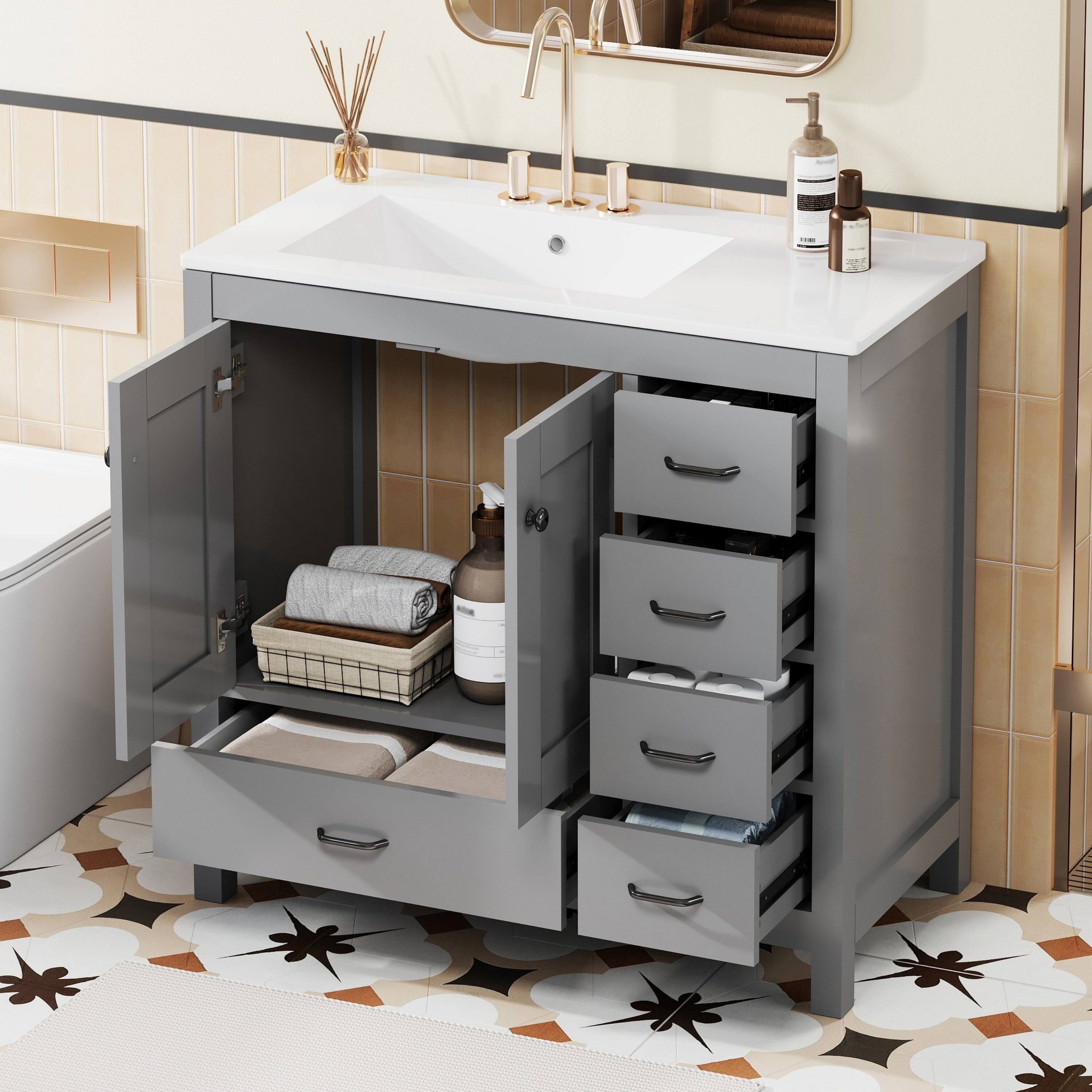 Alt View 5. Boyel Living - 36 Inch Gray Bathroom Vanity with Ceramic Sink 2 Soft Close Doors 5 Drawers Solid Wood and MDF Black Handles - Blue.