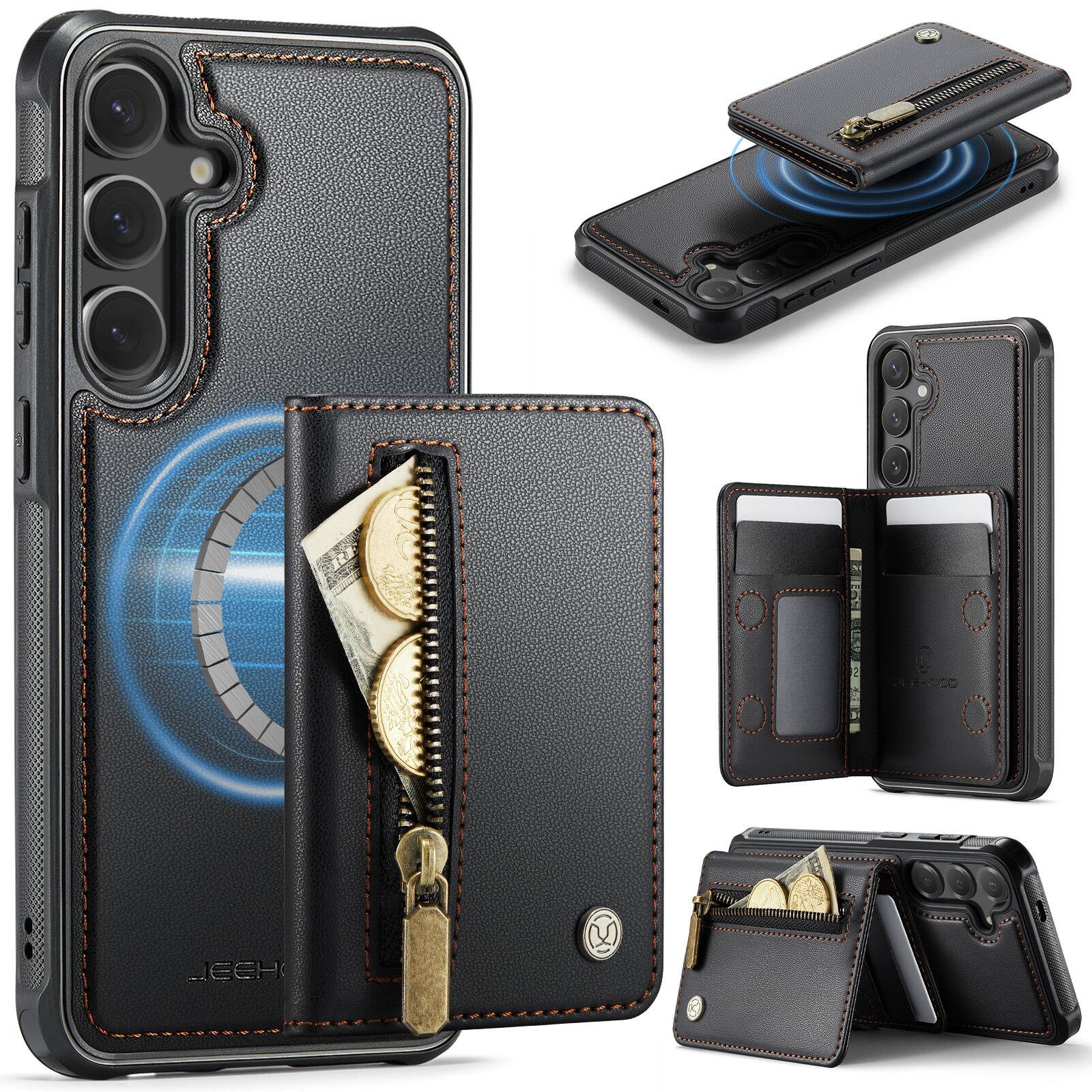 Dteck - Magnetic Wallet Case for Samsung Galaxy S25+,Detachable 2-in-1 Folio Cover with Zipper Pocket,RFID Blocking&Card Holder - Black