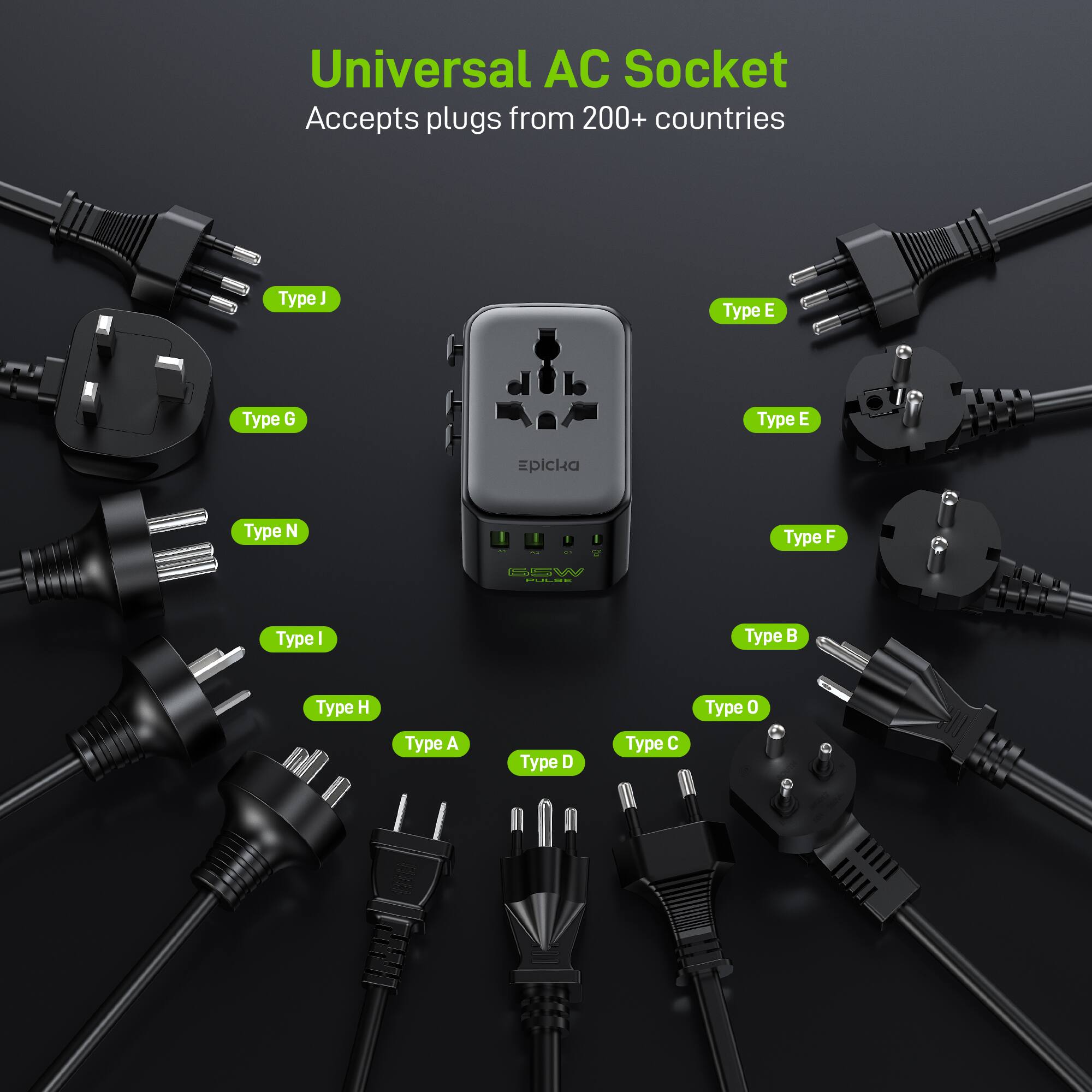 Universal AC Socket  
Accepts plugs from 200+ countries  

Type J  
Type E  
Type G  
Type N  
Type F  
Type I  
Type B  
Type H  
Type A  
Type D  
Type C  
Type O
