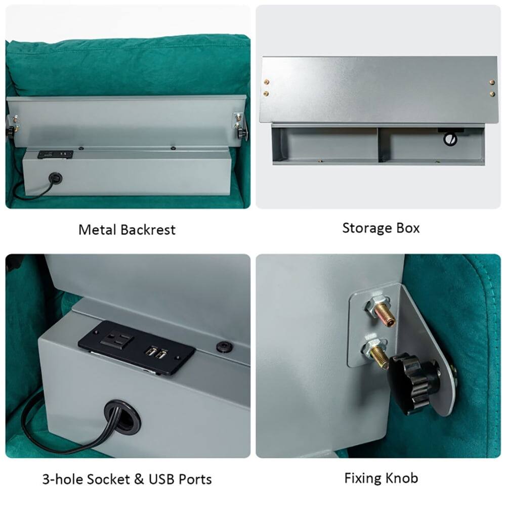 Metal Backrest  
Storage Box  
3-hole Socket & USB Ports  
Fixing Knob