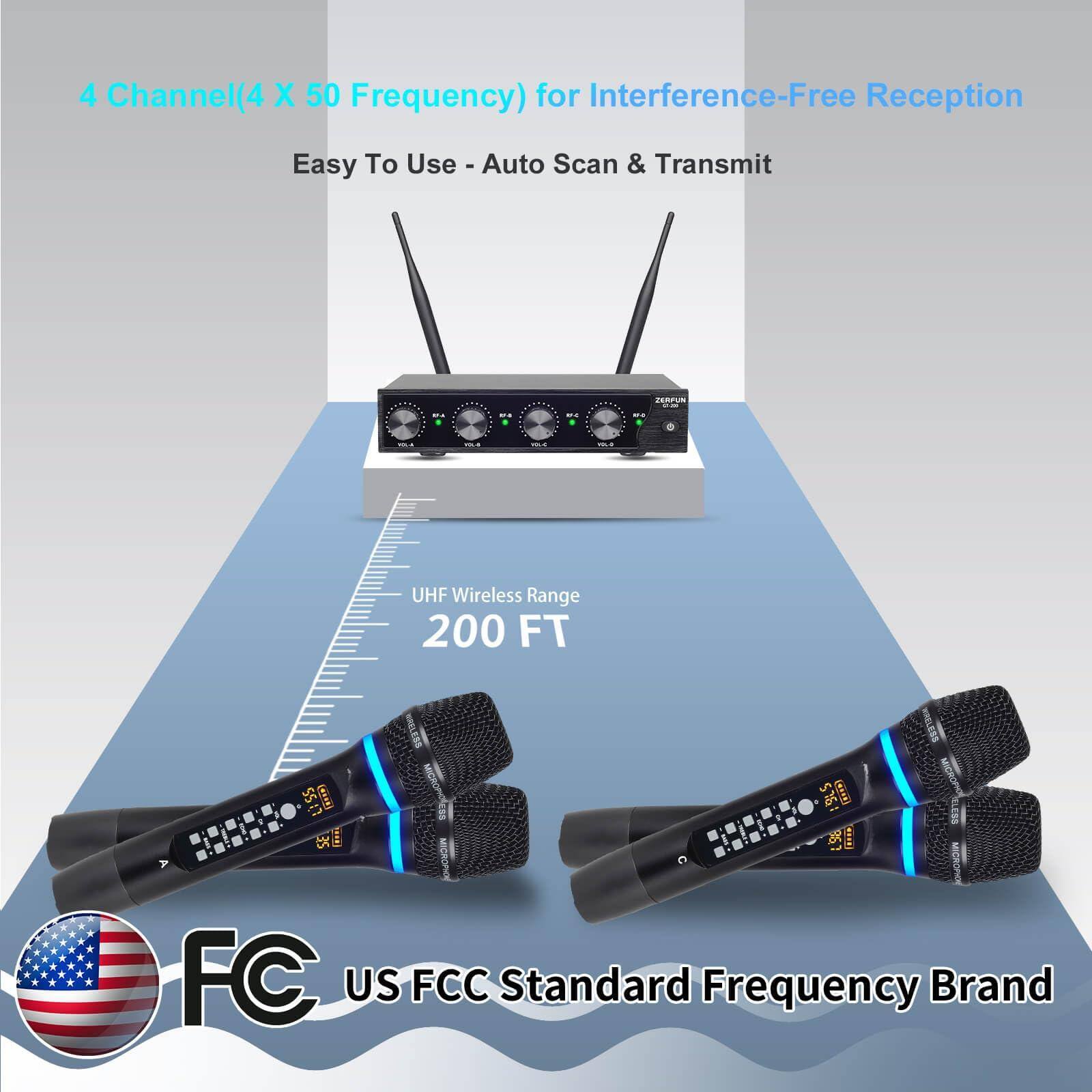 4 Channel(4 X 50 Frequency) for Interference-Free Reception  
Easy To Use - Auto Scan & Transmit  

UHF Wireless Range 200 FT  

US FCC Standard Frequency Brand
