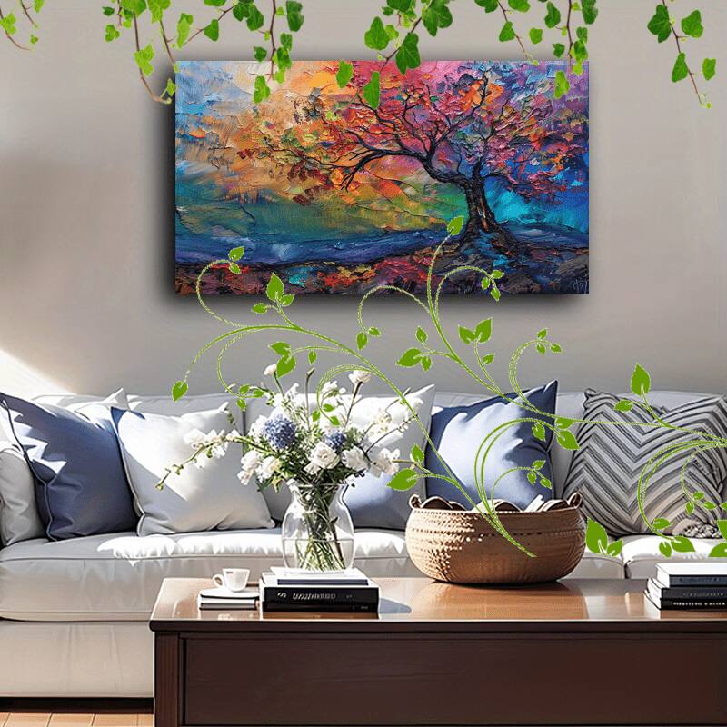 Back. blue - 1pc Vibrant Rainbow Foliage Abstract Tree Canvas Art - Wooden Framed, Textured Paint, Ideal for Home & Office Decor, Li - Color:12*18in.