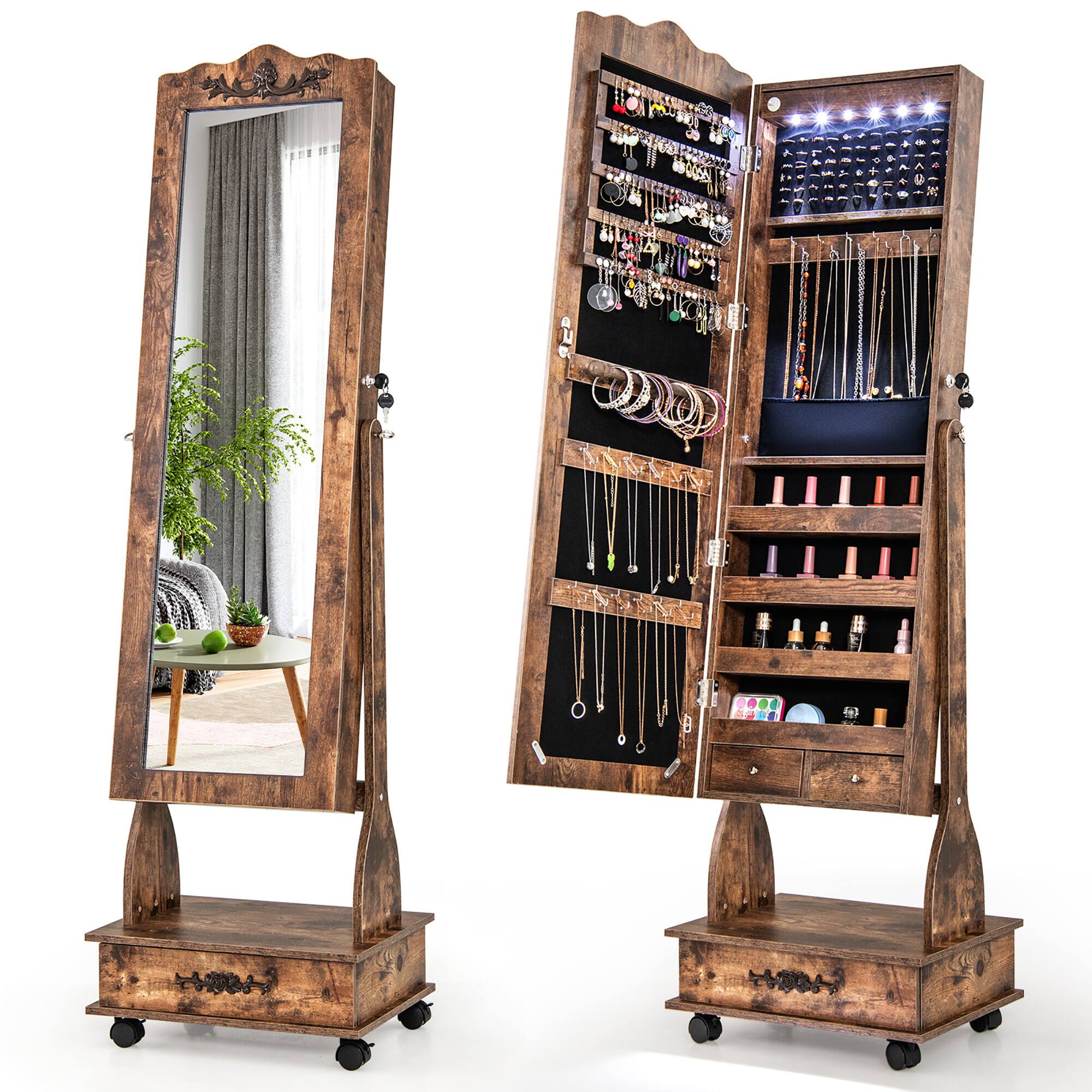 Alt View 9. Gymax - Gymax Armoire Full Length LED Mirror Lockable Rolling Jewelry Cabinet W/ Drawer - Coffee.