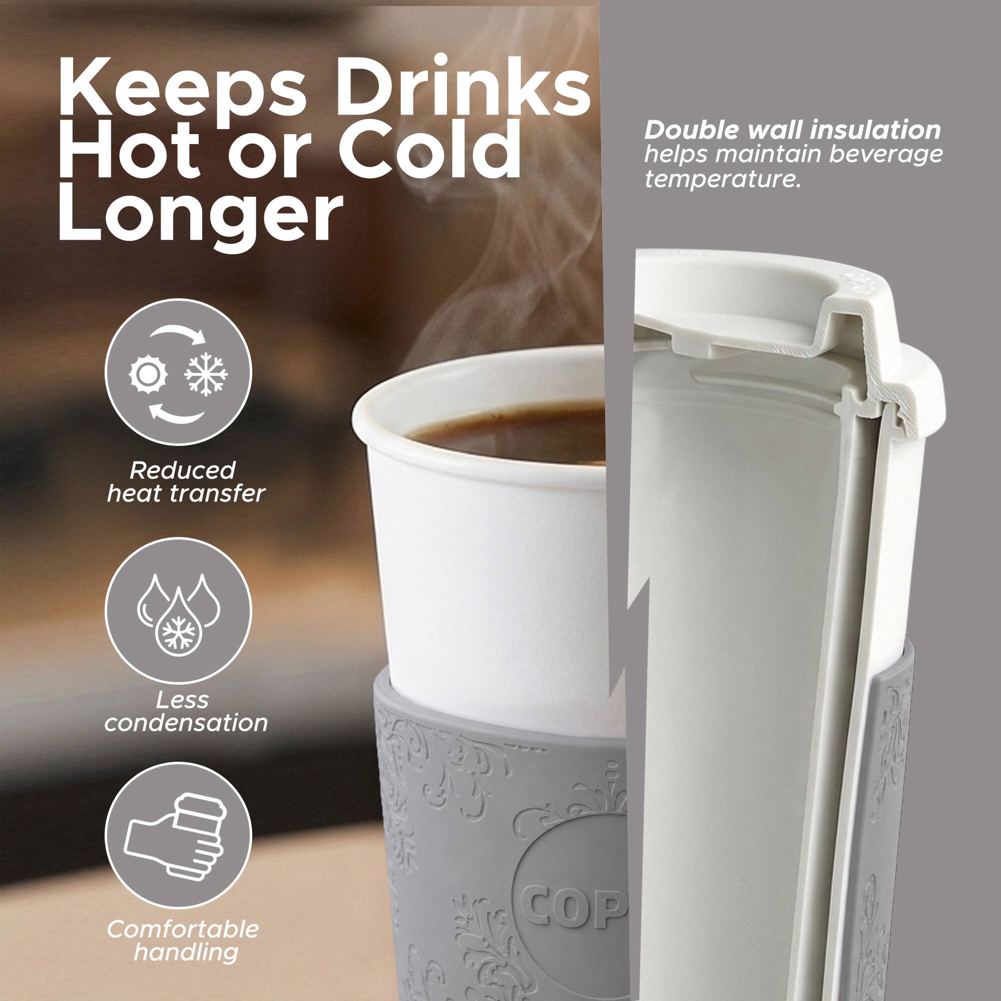 Keeps Drinks Hot or Cold Longer

Double wall insulation helps maintain beverage temperature.

- Reduced heat transfer
- Less condensation
- Comfortable handling