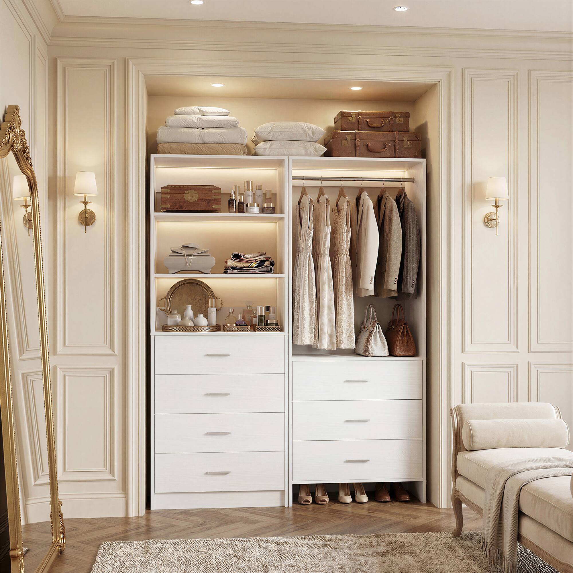 Back. Aheaplus - 45''  Closet Organizer System Set of 2 - with 7 Drawers, Hanging Rod and Adjustable Shelf - White.