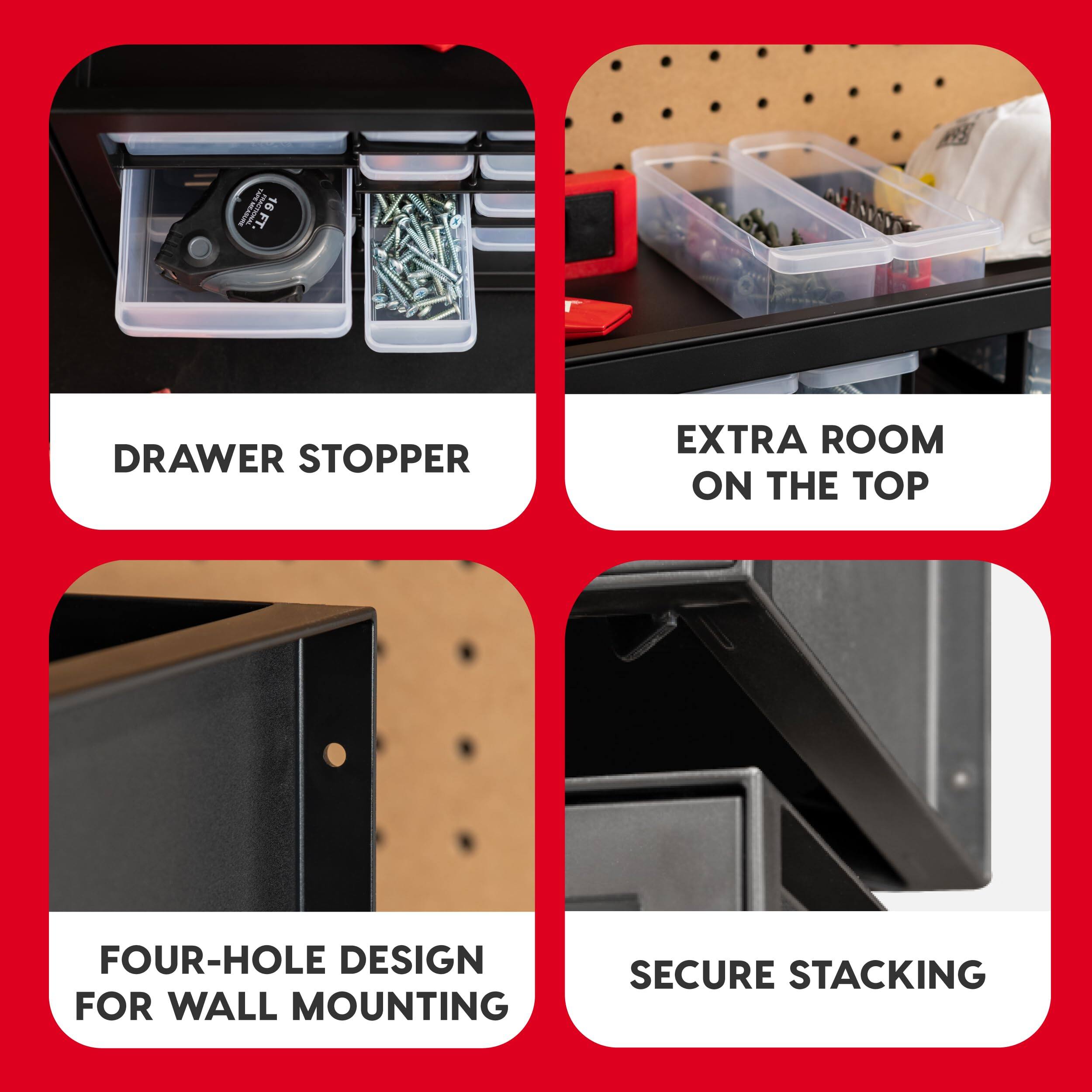 - DRAWER STOPPER
- EXTRA ROOM ON THE TOP
- FOUR-HOLE DESIGN FOR WALL MOUNTING
- SECURE STACKING