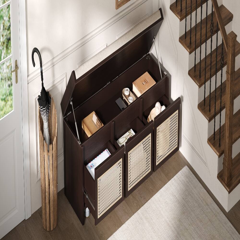 Alt View 1. Ropilly - Ropilly Retro Entryway Shoe Bench with Rattan Drawers Tufted Cushion Hidden Storage Espresso Hallway Foyer Seating - Espresso.
