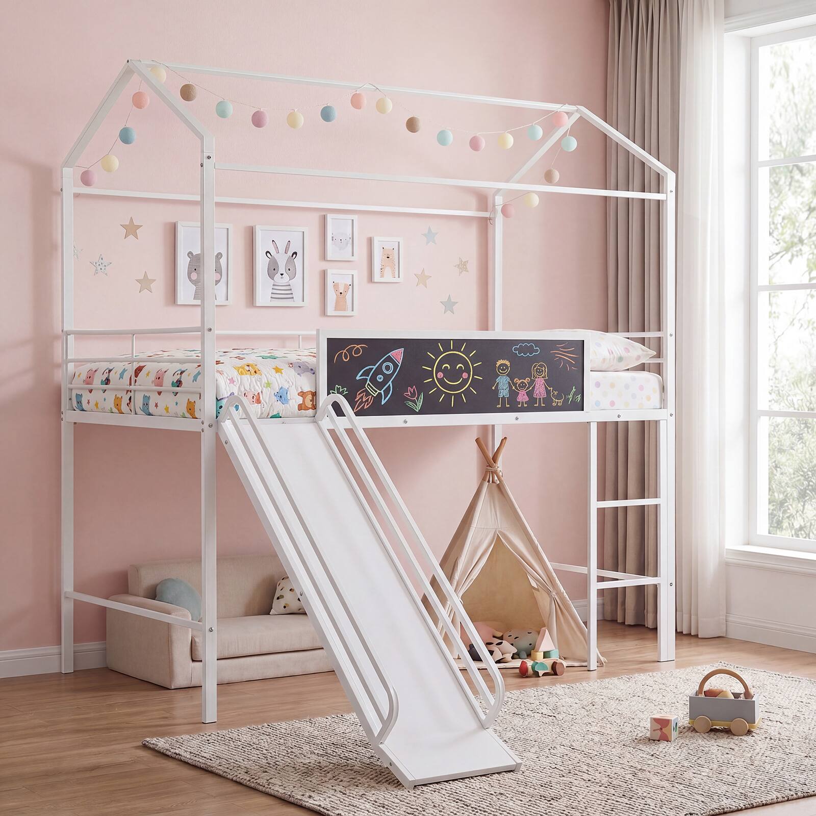 Alt View 8. Gymax - Gymax Twin Size Loft Bed w/Ladder Slide Chalkboard & Metal Slats for Bedroom Dormitory White - White.