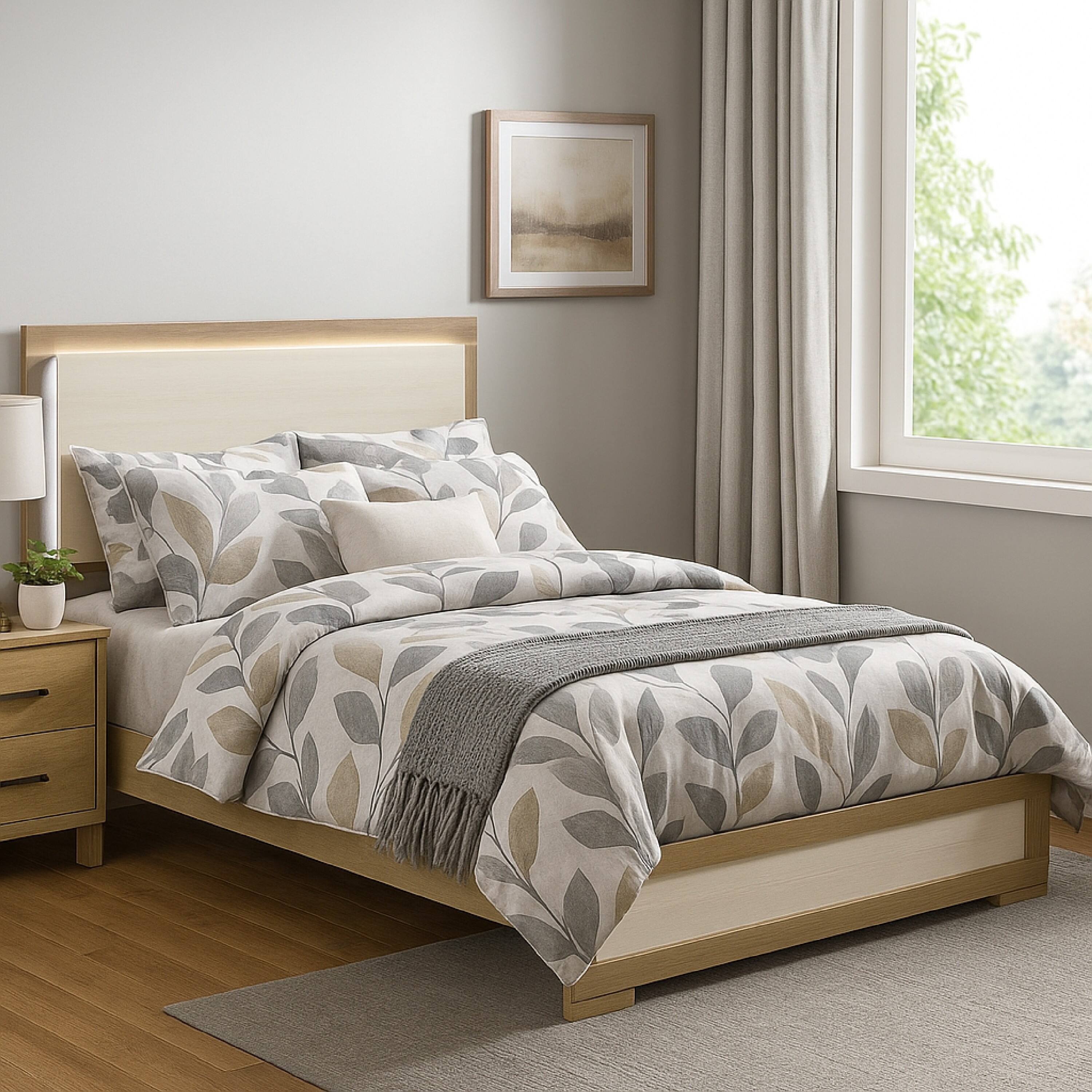 Alt View 5. Manhattan Lane - Hyle Queen Size Bed, Natural Brown Hardwood, LED Backlit Headboard - Natural Brown, White.