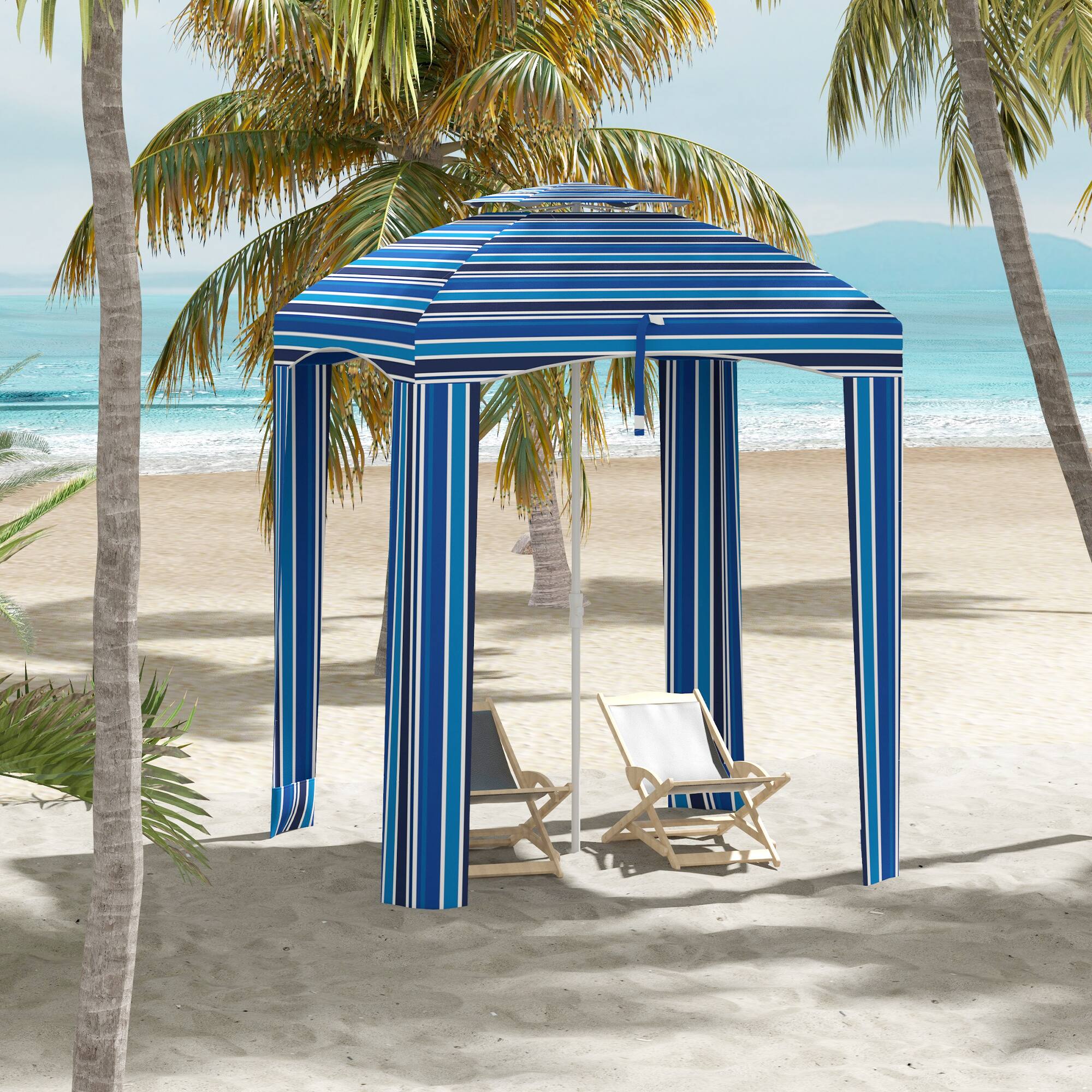 Alt View 1. Outsunny - x 5.8' Cabana Umbrella for Travel, Walls, Vents, Ruffles, Carry Bag, Beach Umbrella - Blue Strip.