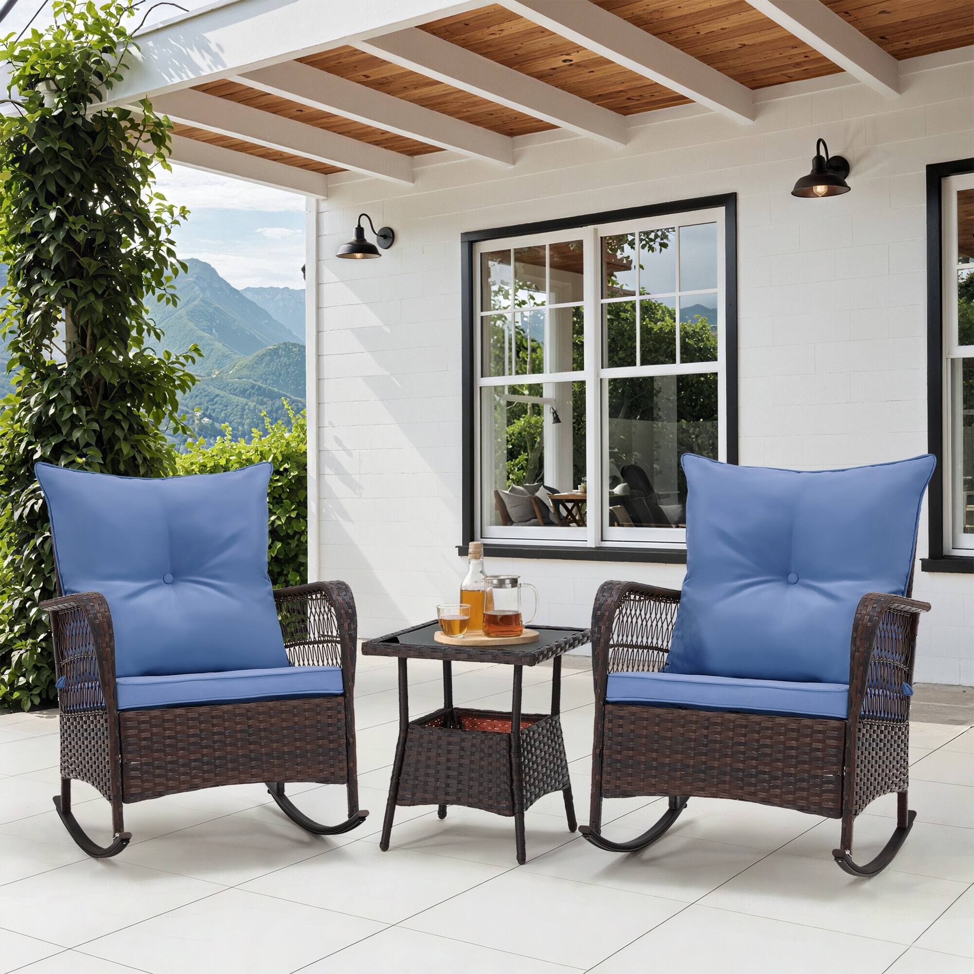 U-HOMY - 3-Piece PE Rattan Rocking Chair Patio Set with Cushions & Coffee Table, Rattan Outdoor Furniture - Blue