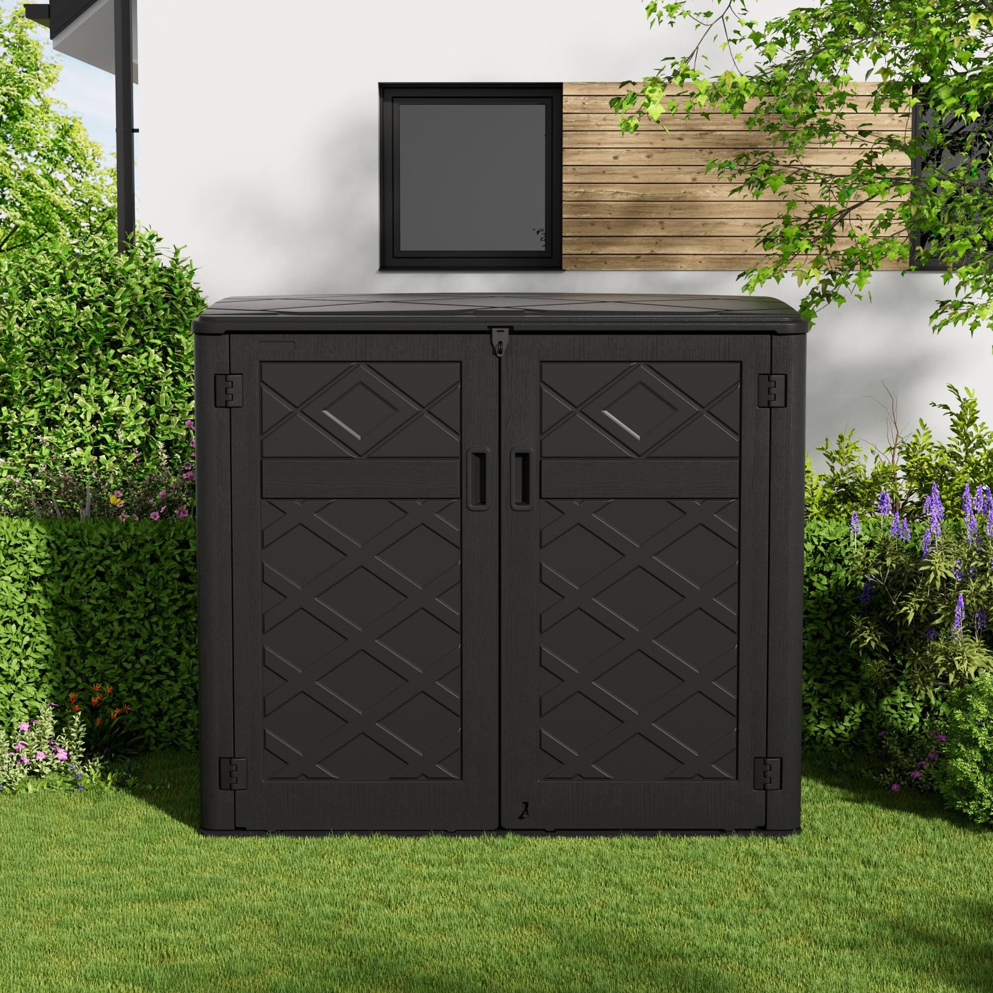 Angle. Yardgrace - 358 Gal. Larger Outdoor Storage Shed Horizontal 48 Cu.ft Outdoor Storage Box Waterproof for Garden, Patios, Backyards - Black No shelves.