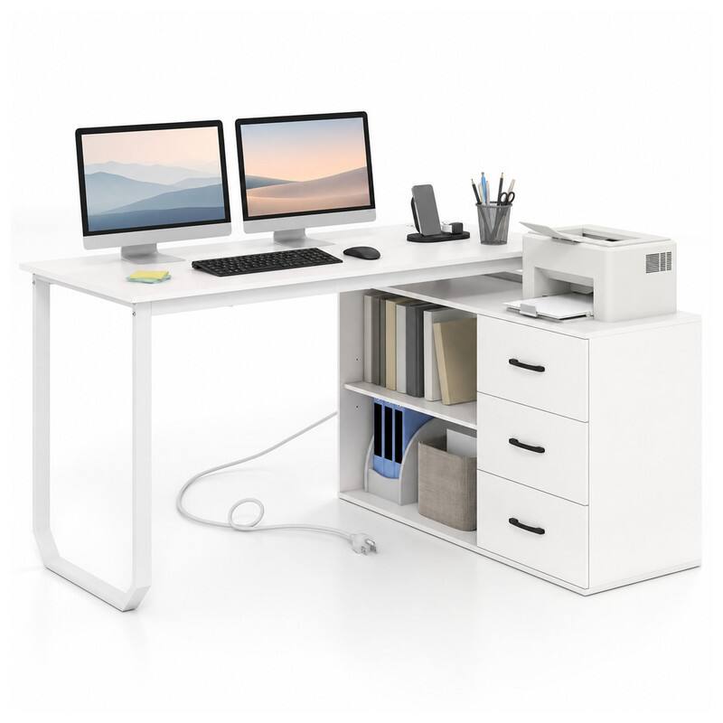 Angle. WELLFOR - 55" Inch Reversible L Shaped Desk with Charging Station & 3 Drawers, Modern Computer Desk with Storage Shelves - White.