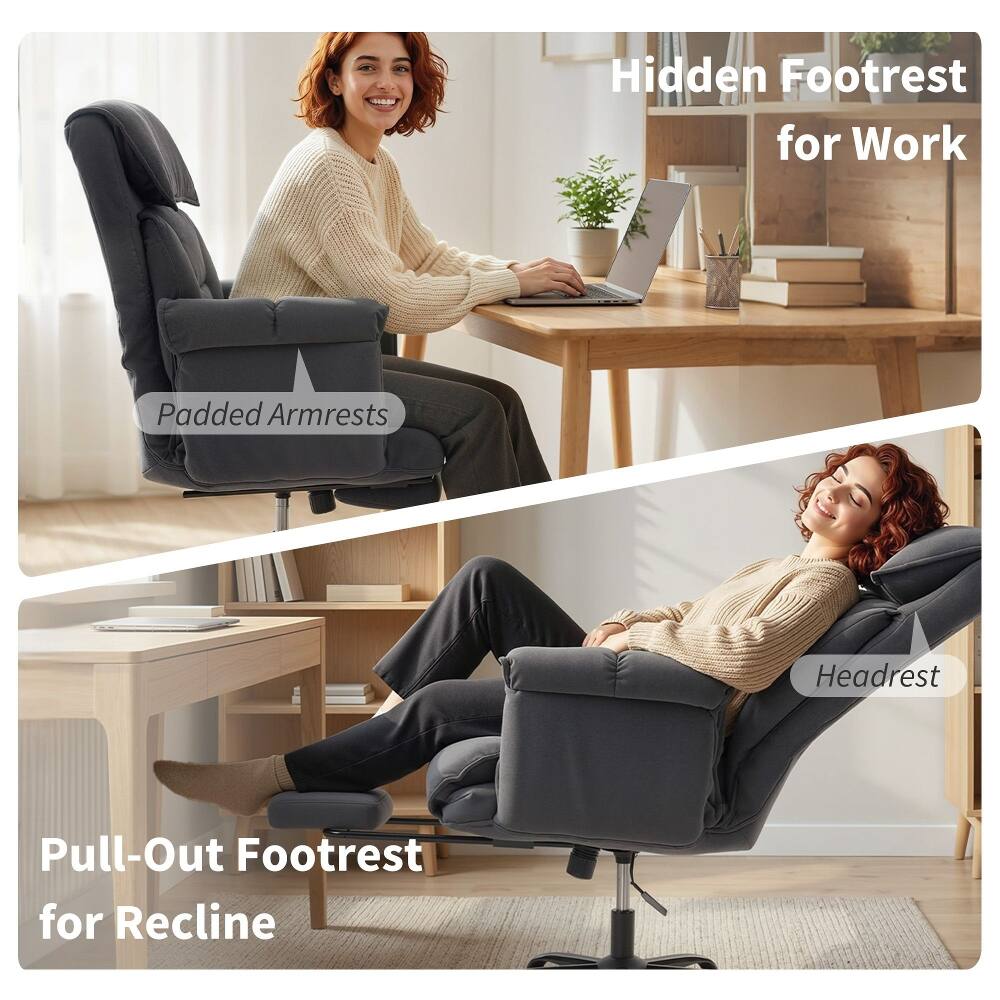 Hidden Footrest for Work  
Padded Armrests  
Headrest  
Pull-Out Footrest for Recline