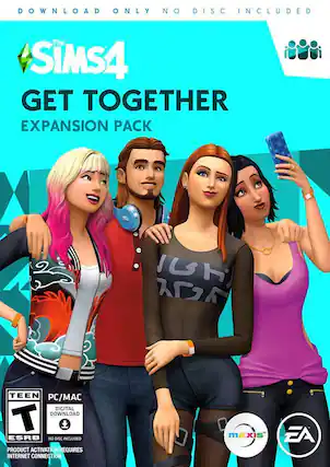 The Sims 4 Get Together Expansion Pack is available for download on PC and Mac. The product activation requires an internet connection. The game is rated ESRB and is suitable for teens. - T (Teen 13+)