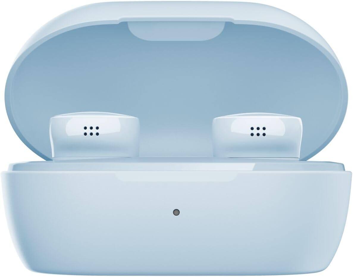 The image shows a pair of wireless earbuds in a light blue charging case.