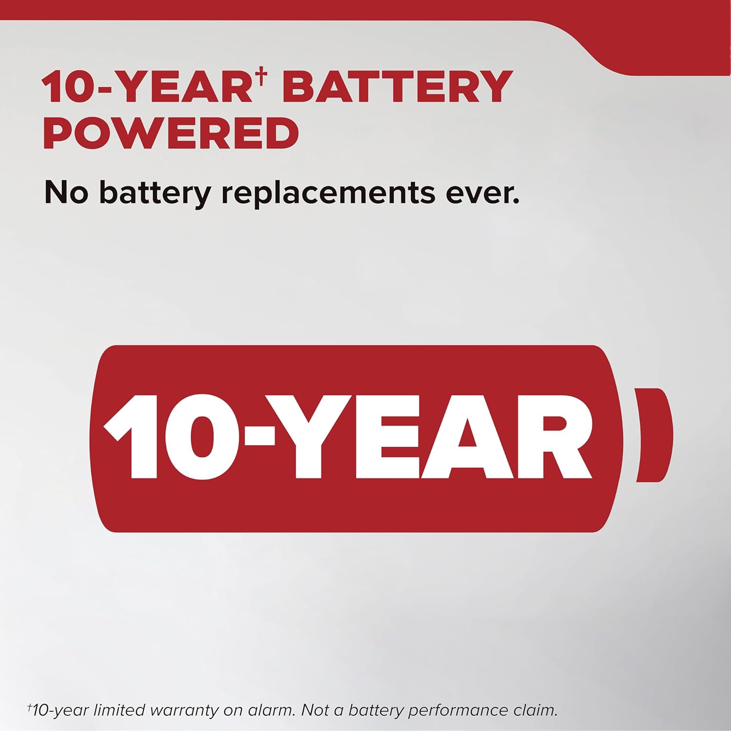 10-YEAR* BATTERY POWERED  
No battery replacements ever.  

10-YEAR  
+10-year limited warranty on alarm. Not a battery performance claim.