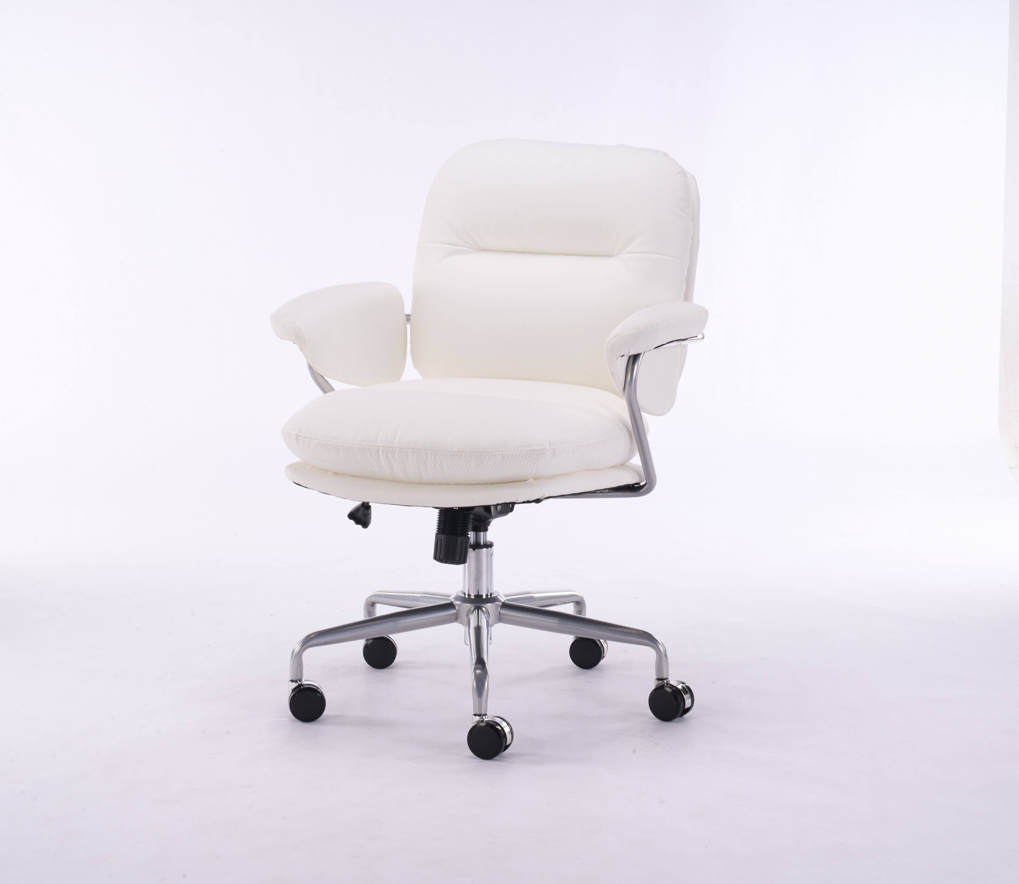 Left. TinyHomie - Ergonomic White Leather Office Chair with 360° Swivel Adjustable Height Reclining Backrest and Breathable Seat - Beige.