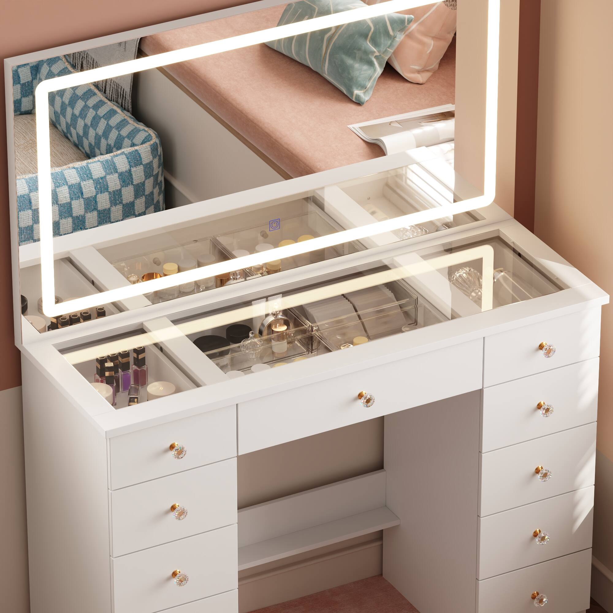Alt View 4. Famapy - Large LED Vanity Desk with Oversized Illuminated Mirror, 3 - Color Lighting, Ample Storage Drawers & Crystal Knobs - White.