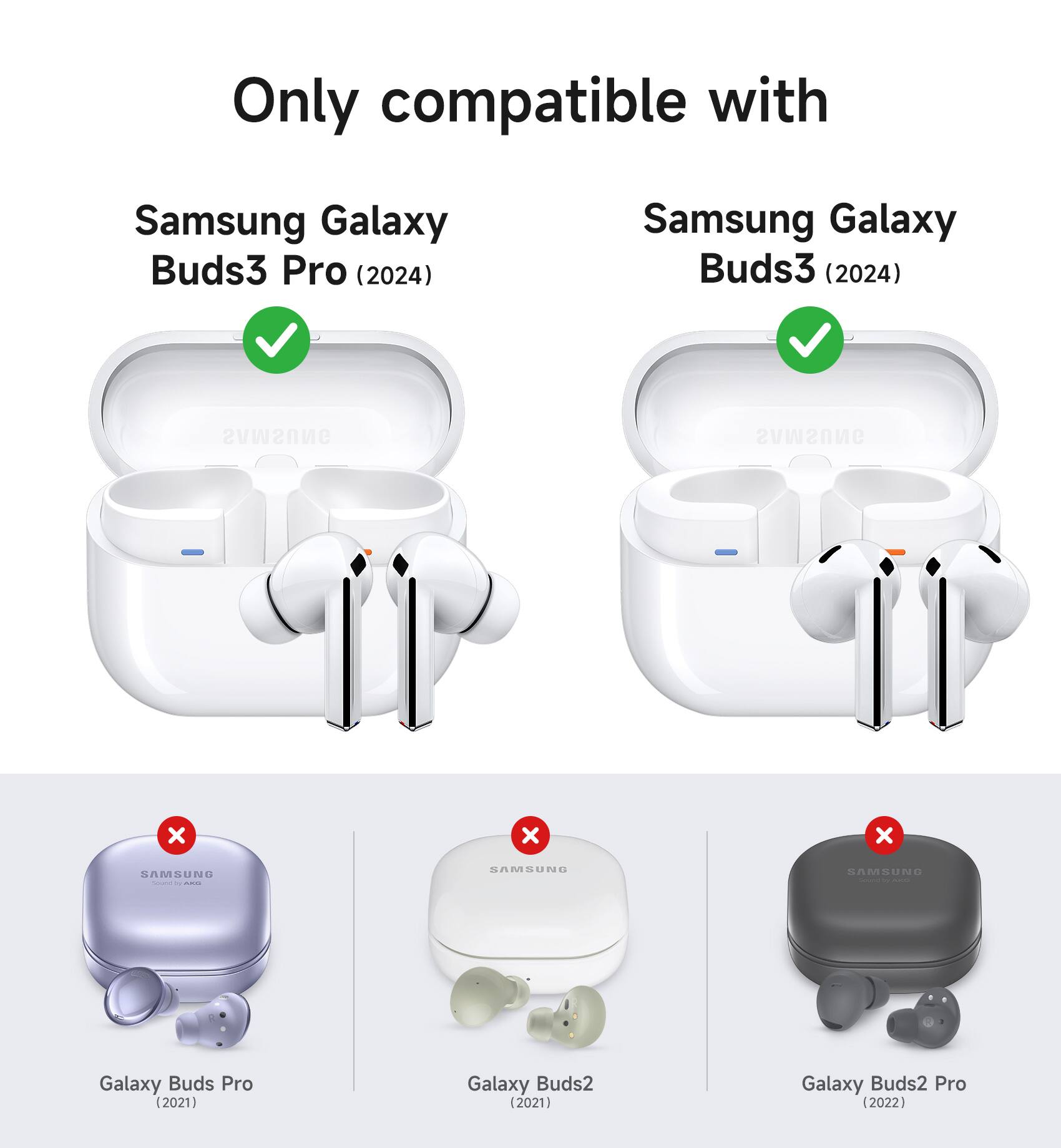 Only compatible with Samsung Galaxy Buds3 Pro (2024) Samsung Galaxy Buds3 (2024) ONNSWVS ONNSWVS x x x SAMSUNG | - i BAMBUNG  | an |   Galaxy Buds Pro (2021) Galaxy Buds2 (2021) Galaxy Buds2 Pro (2022)