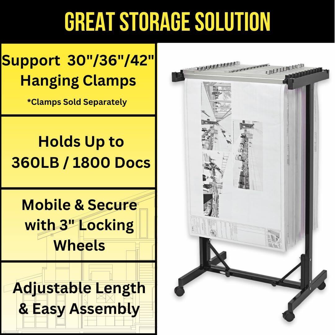 GREAT STORAGE SOLUTION

Support 30"/36"/42" Hanging Clamps *Clamps Sold Separately

Holds Up to 360LB / 1800 Docs

Mobile & Secure with 3" Locking Wheels

Adjustable Length & Easy Assembly