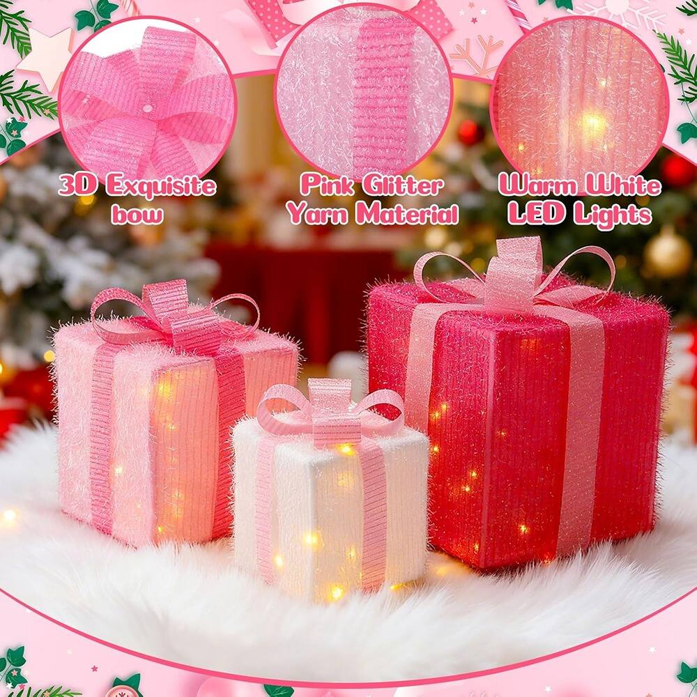 3D Exquisite bow  
Pink Glitter Yarn Material  
Warm White LED Lights