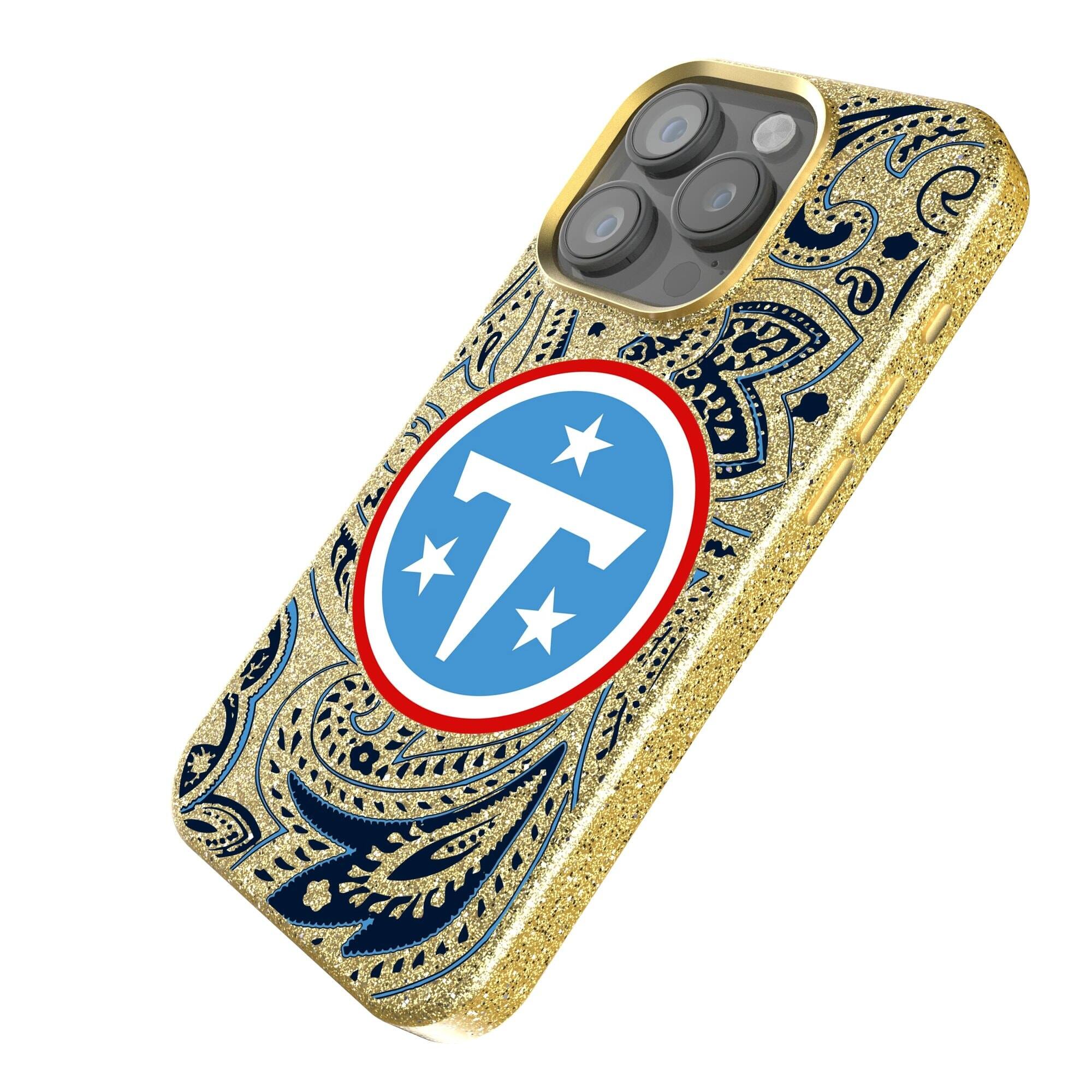 Alt View 1. Keyscaper - Tennessee Titans Paisley Bling iPhone Case - 16 Pro - Gold.