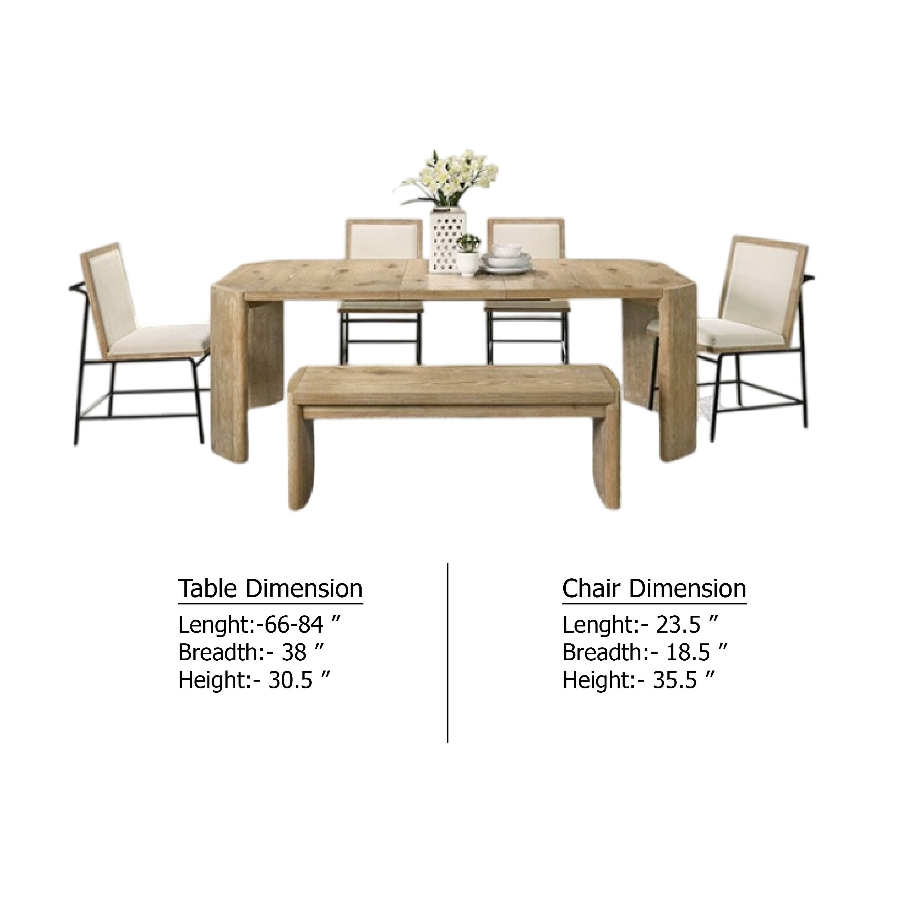 Table Dimension  
Length: 66-84"  
Breadth: 38"  
Height: 30.5"  

Chair Dimension  
Length: 23.5"  
Breadth: 18.5"  
Height: 35.5"