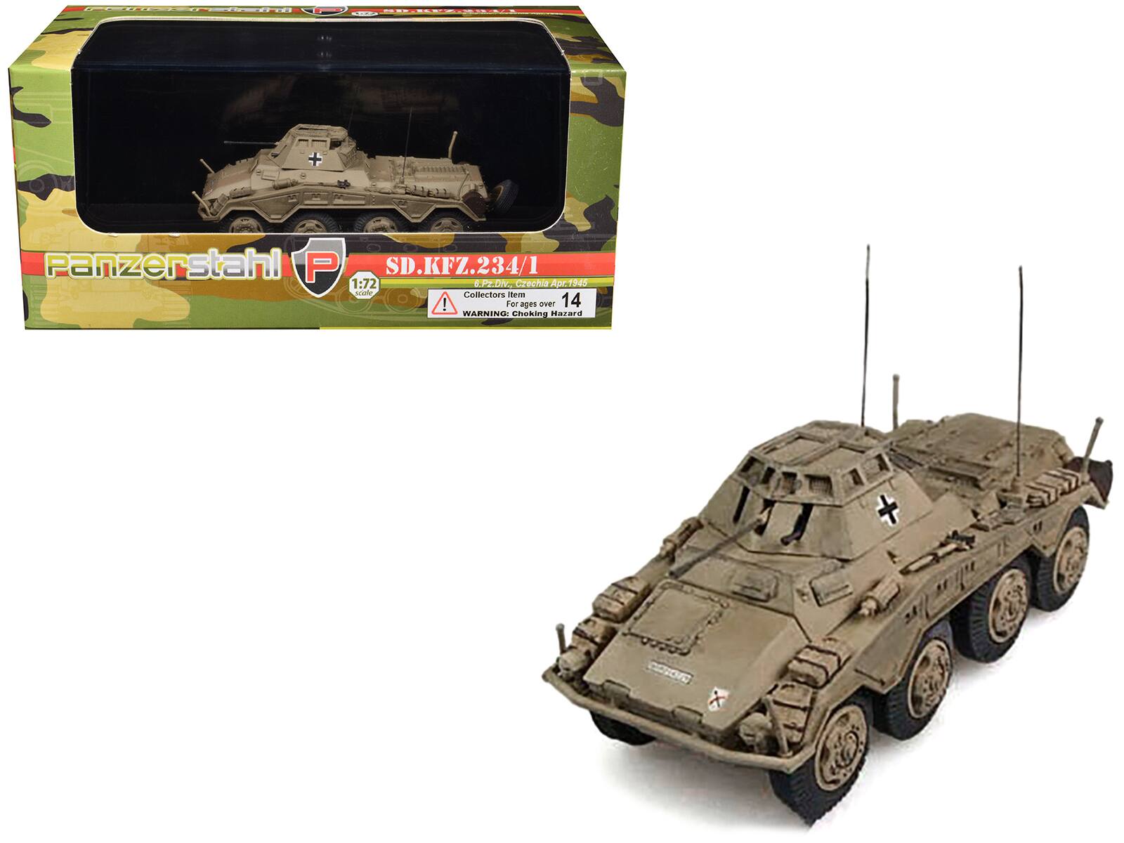 Panzerstahl P SD.KFZ.234/1 1:72  
E. 8.P2 O. Czechia Apr.1945  
Collectors item!  
For ages over 14  
WARNING: Choking Hazard  

SD.KFZ.234/1  
6.Pz.Div., Czechia Apr.1945  
Collectors item: For ages over 14  
WARNING: Choking Hazard