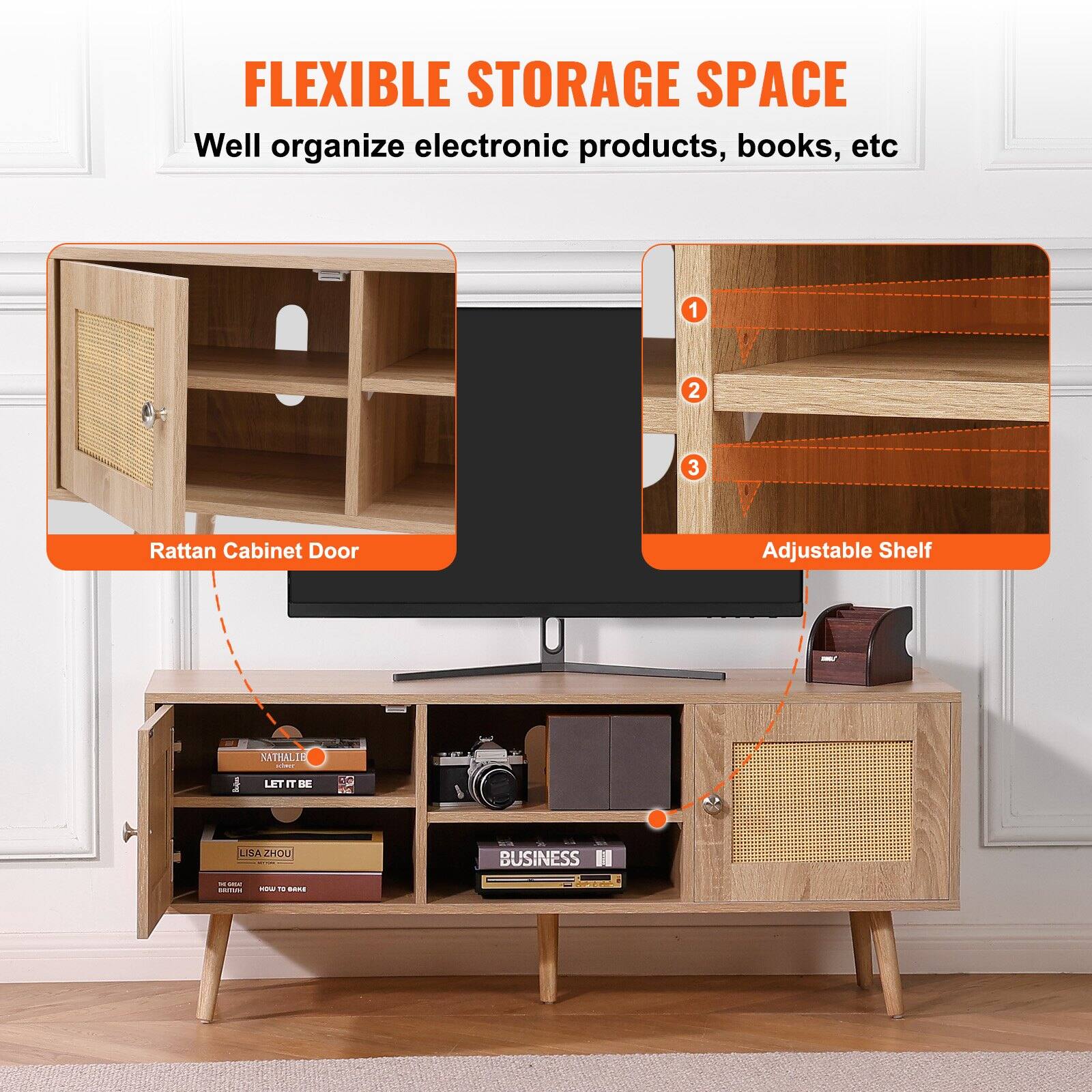 FLEXIBLE STORAGE SPACE  
Well organize electronic products, books, etc  

1. Rattan Cabinet Door  
2. Adjustable Shelf  

NATHALLH  
LET IT BE  

LISA ZHOU  
THE GREAT  
HOUSE TO BAKE  

BUSINESS
