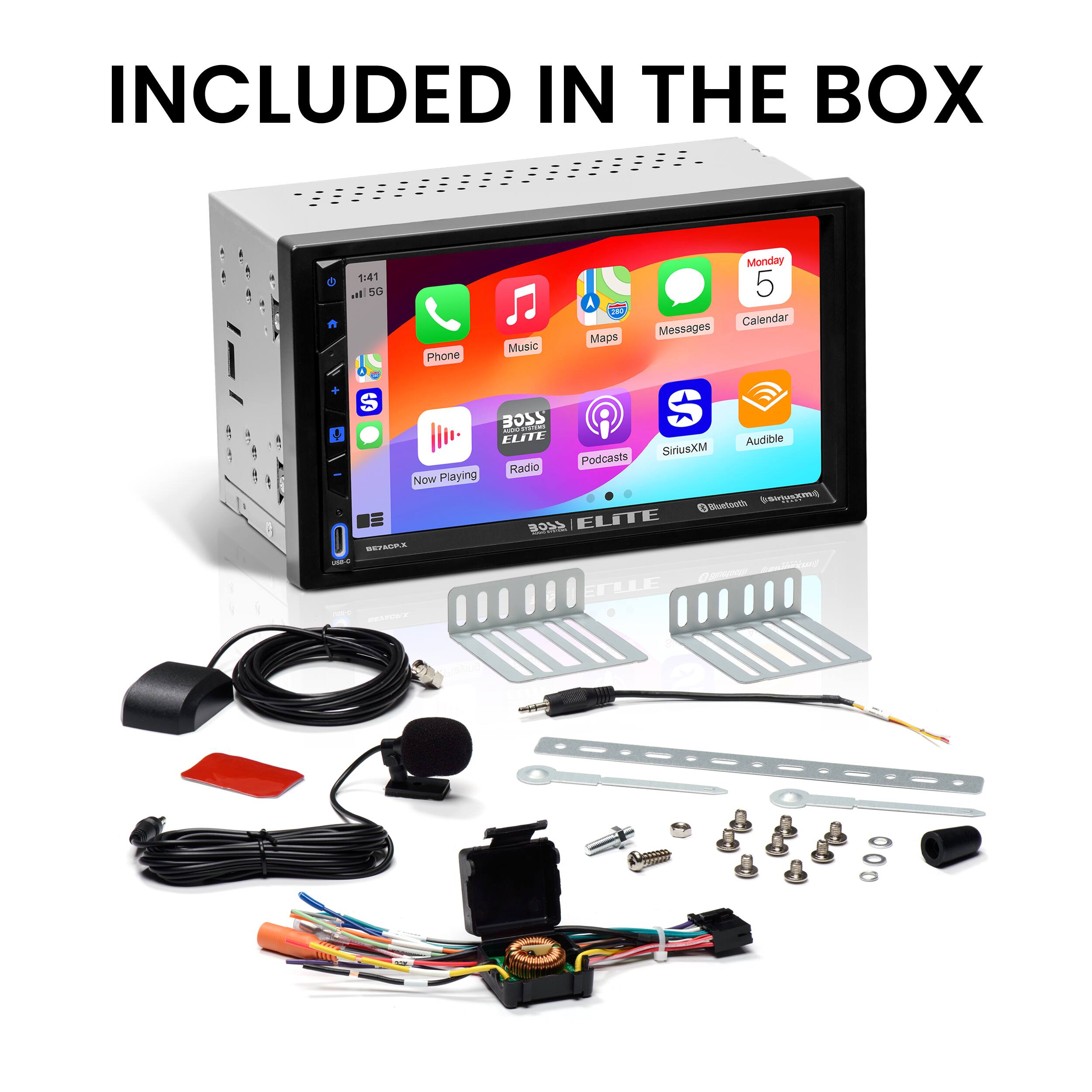 Included in the box are various items such as a calendar, maps, messages, music, phone, and Audible. There are also other items like a stereo, a radio, and a podcasts app. The image also shows a screen displaying the time and a car stereo.