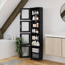 Vecelo - Narrow Bathroom Floor Storage Cabinet, Bathroom Storage Cabinet, Freestanding Bathroom Cabinet, Foldable Storage Unit - Black