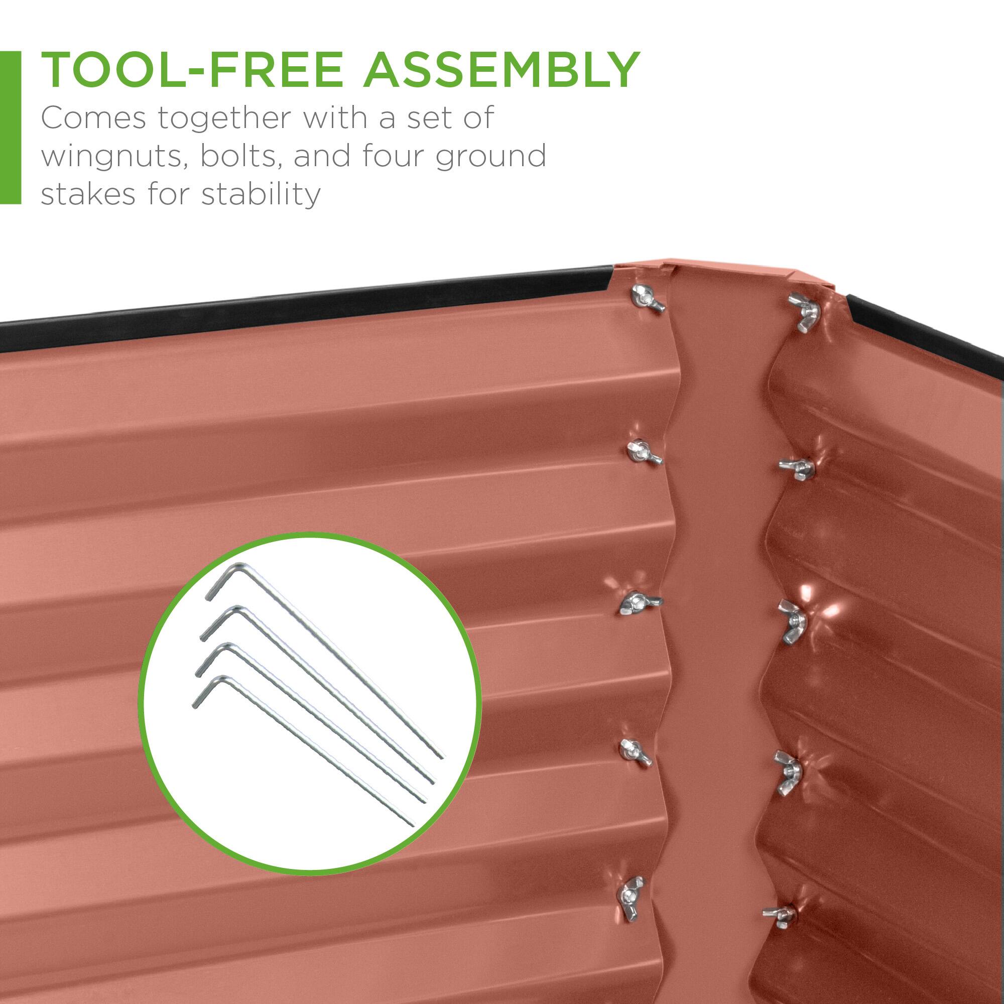 TOOL-FREE ASSEMBLY  
Comes together with a set of wingnuts, bolts, and four ground stakes for stability